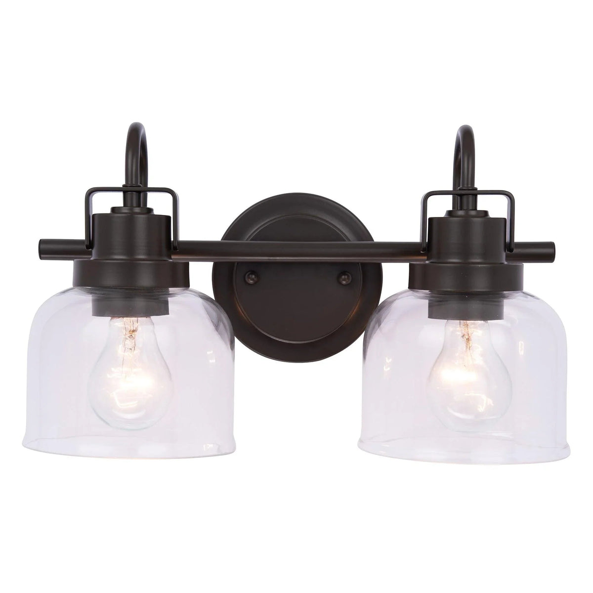 2-light bathroom vanity sconce in dark bronze with clear glass shades and circular backplate