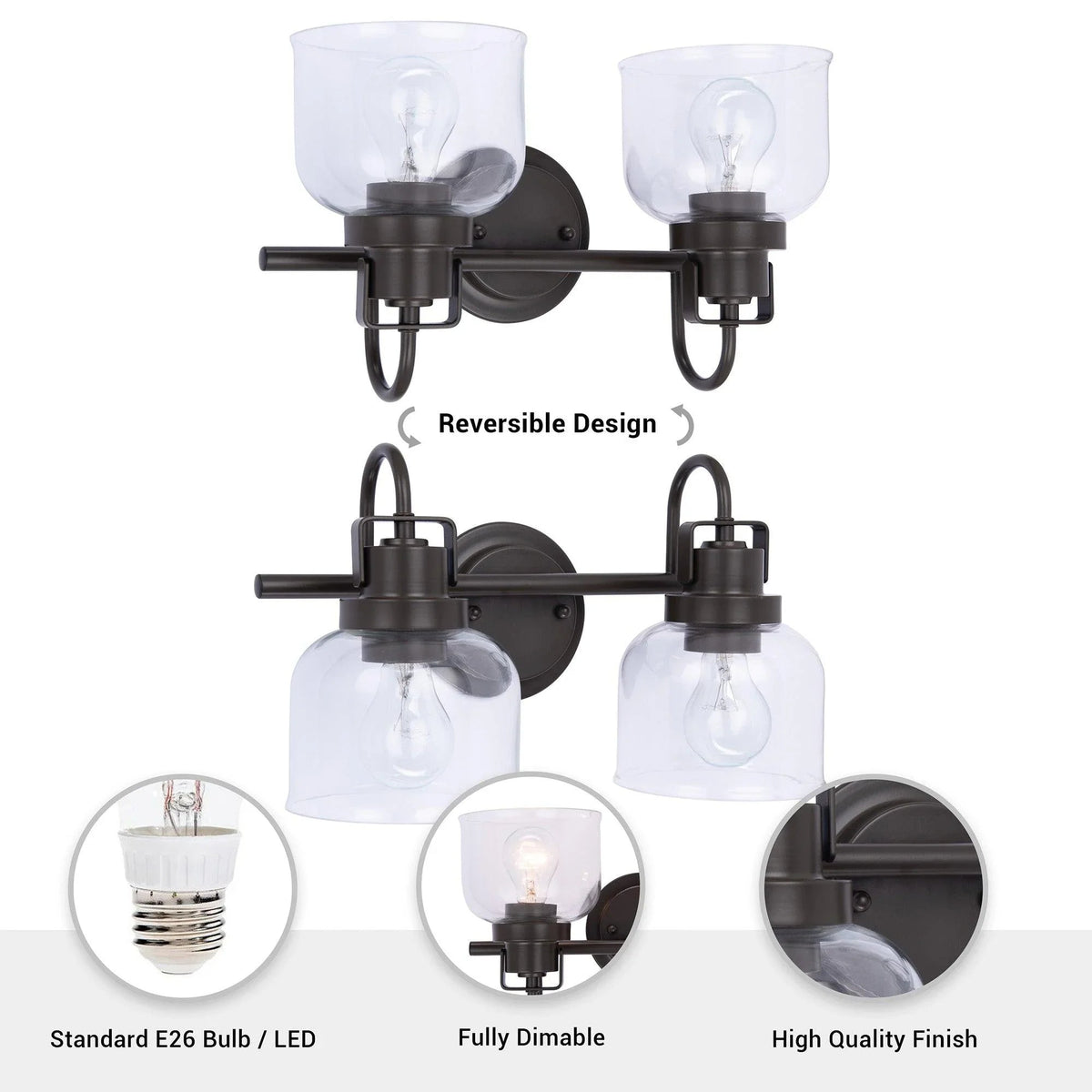 2-light vanity sconce with clear glass shades and oil-rubbed bronze reversible wall mount