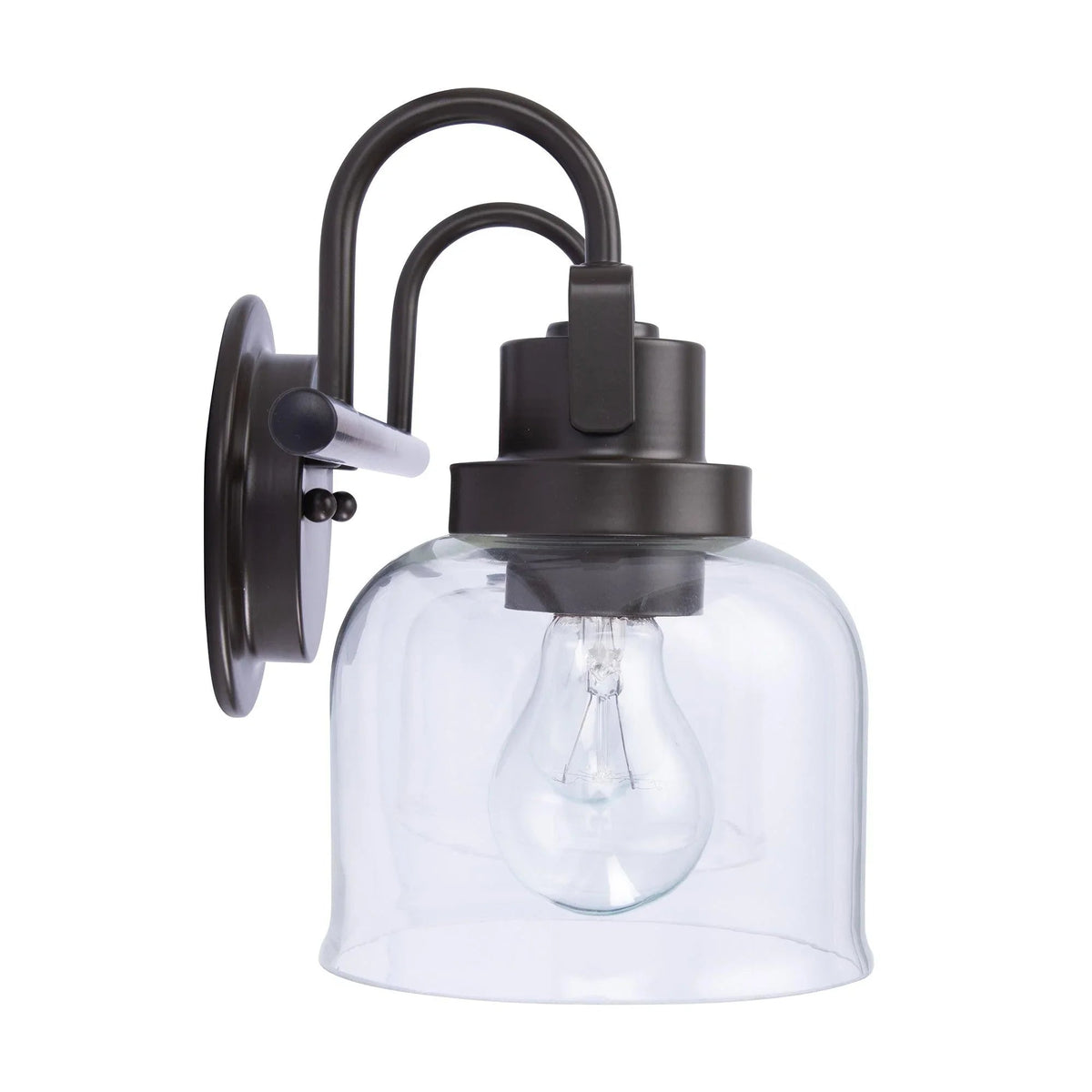 Clear bell glass vanity light with oil-rubbed bronze backplate and curved mounting arm