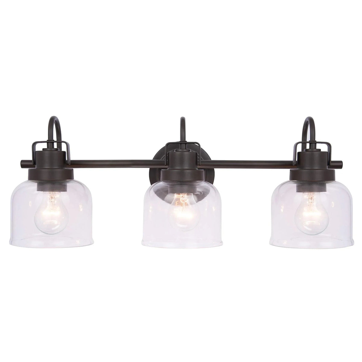 Dark bronze 3-light vanity light with three clear glass shades on a straight bar
