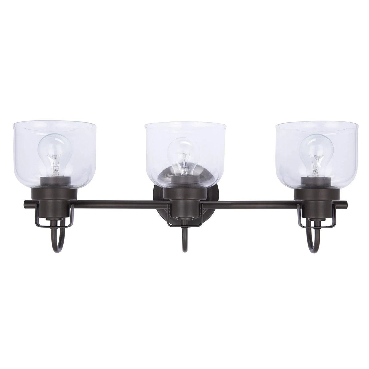 Three-light dark bronze vanity light with clear glass shades and central wall bracket
