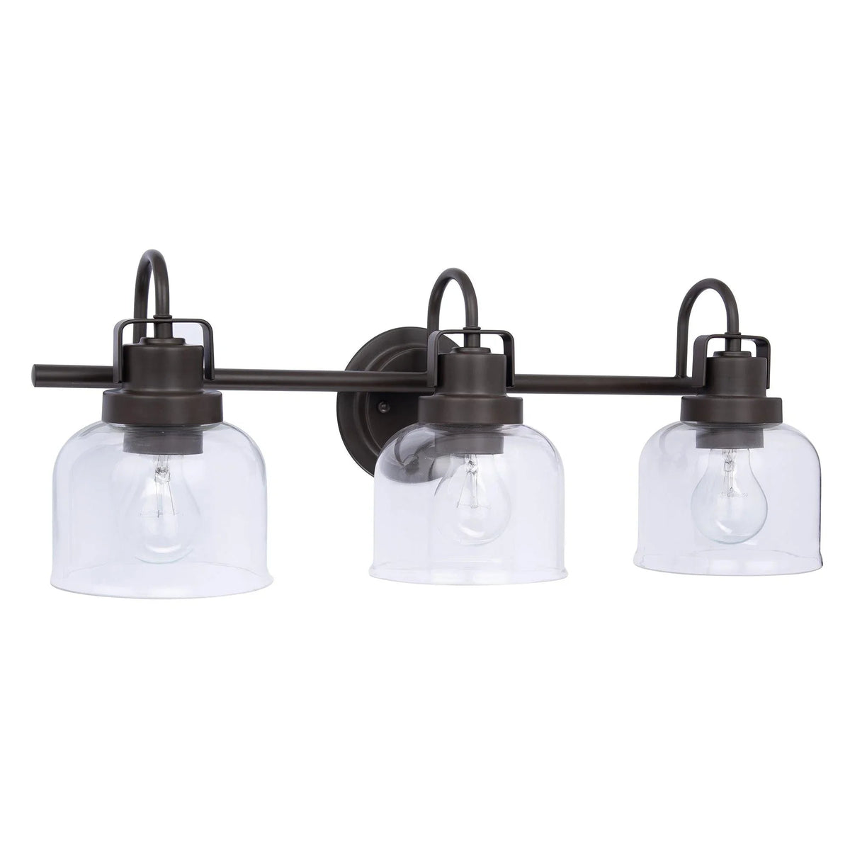 Front view of dark bronze 3-light vanity light with three clear glass shades