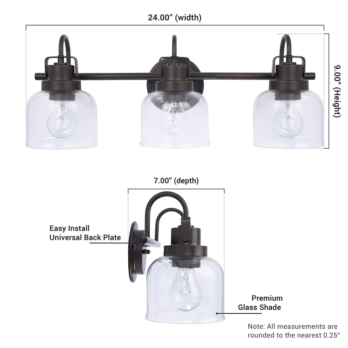 Dark bronze 3-light vanity light with clear glass shades and wall mount plate
