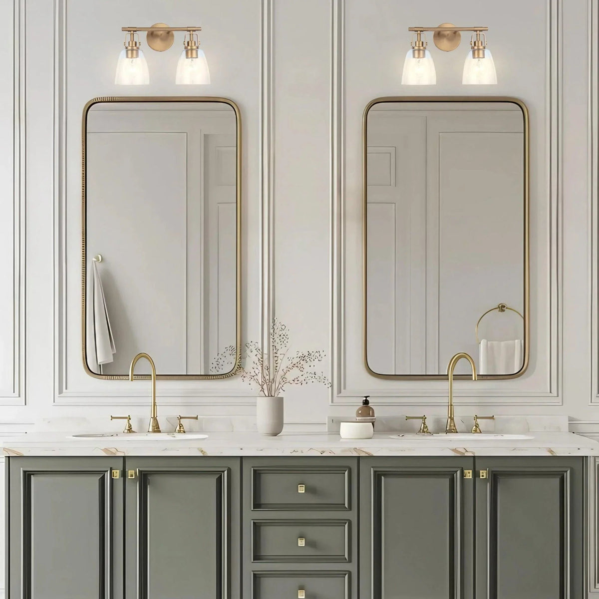 Golden 2-light vanity light with two frosted glass shades and circular backplate.