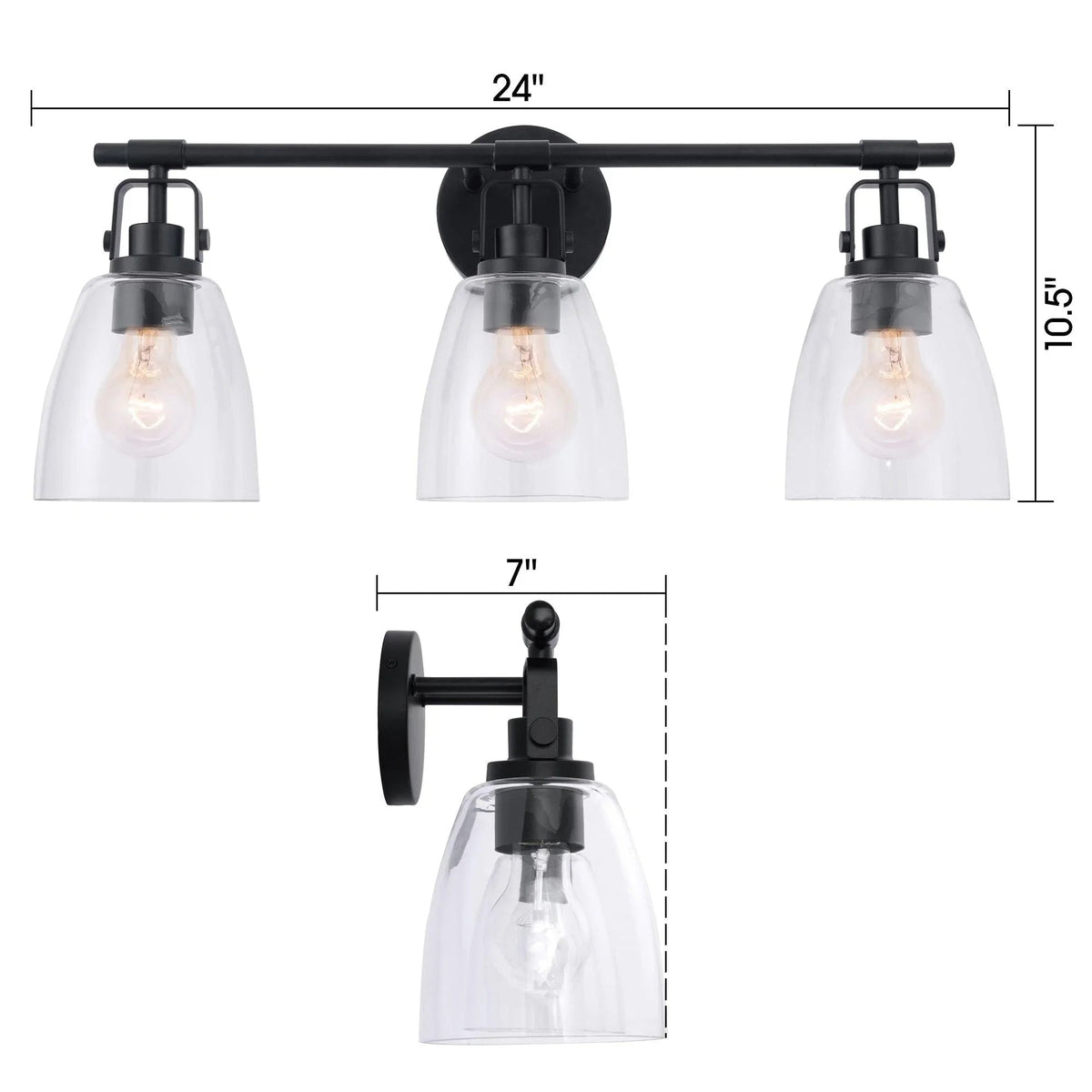 3-light vanity light with black bar and three clear glass bell shades