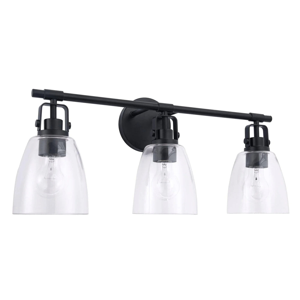 Black 3-light vanity bar light with clear glass shades and matte metal mounting