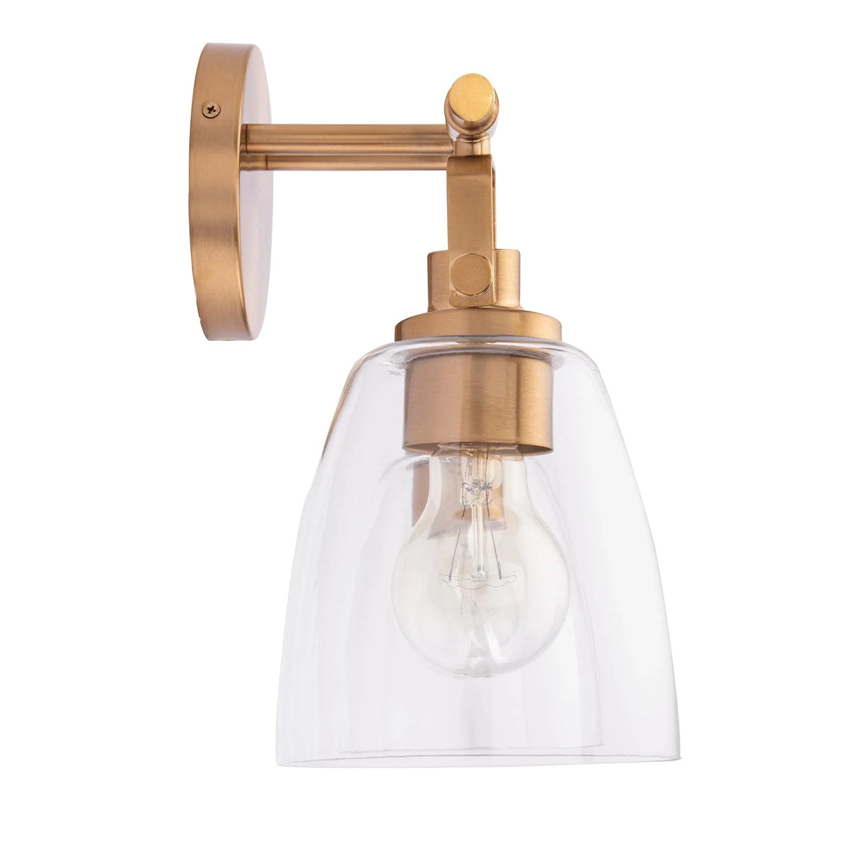 Gold-tone 1-light wall vanity sconce with clear glass shade and round backplate