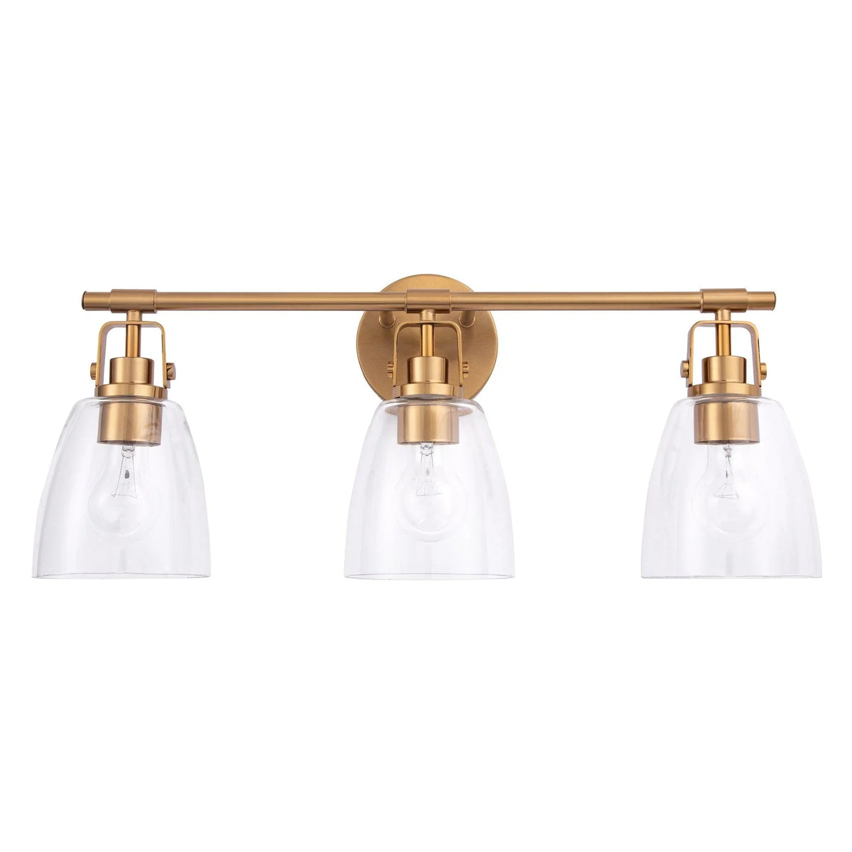 Three-bulb vanity light with golden backplate and clear glass bell shades