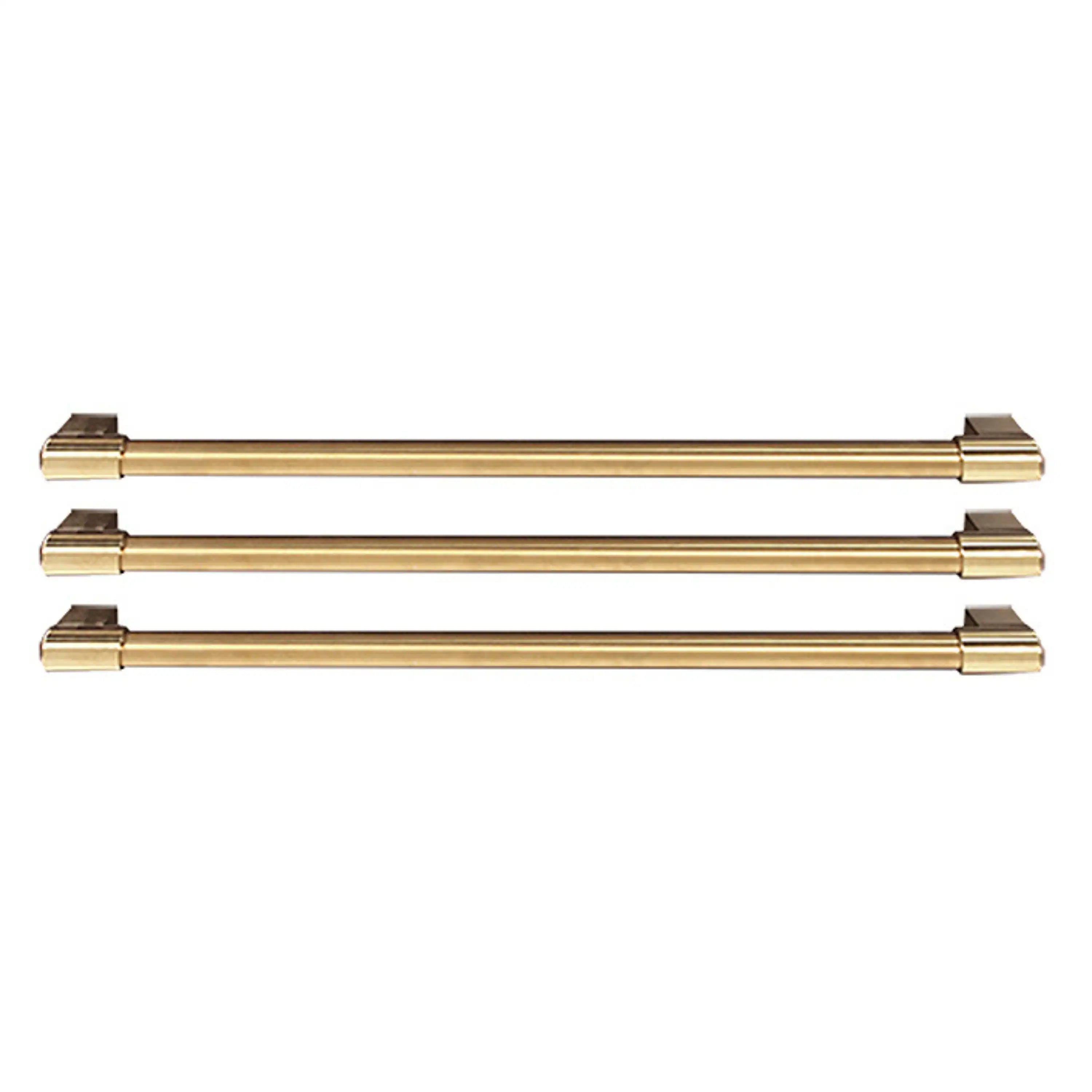 Refrigerator handle kit with three satin-finish bars: two brass and one silver.