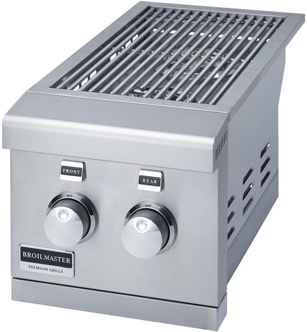 Stainless steel slide-in double side burner with front and rear control knobs and grill grates