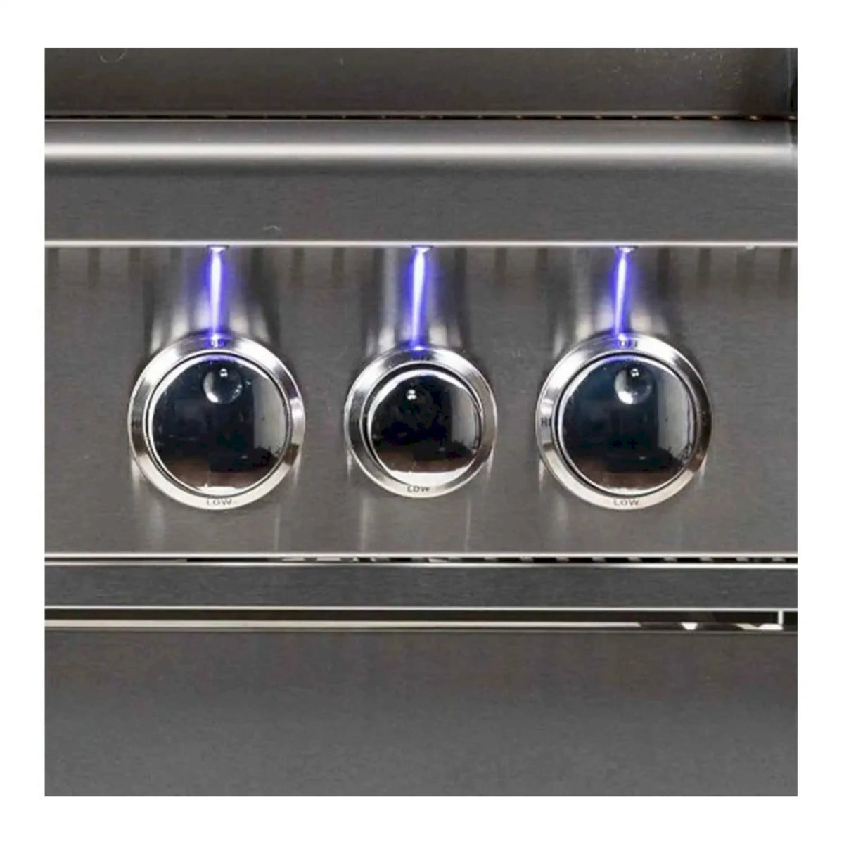 Stainless steel grill front with three illuminated burner control knobs