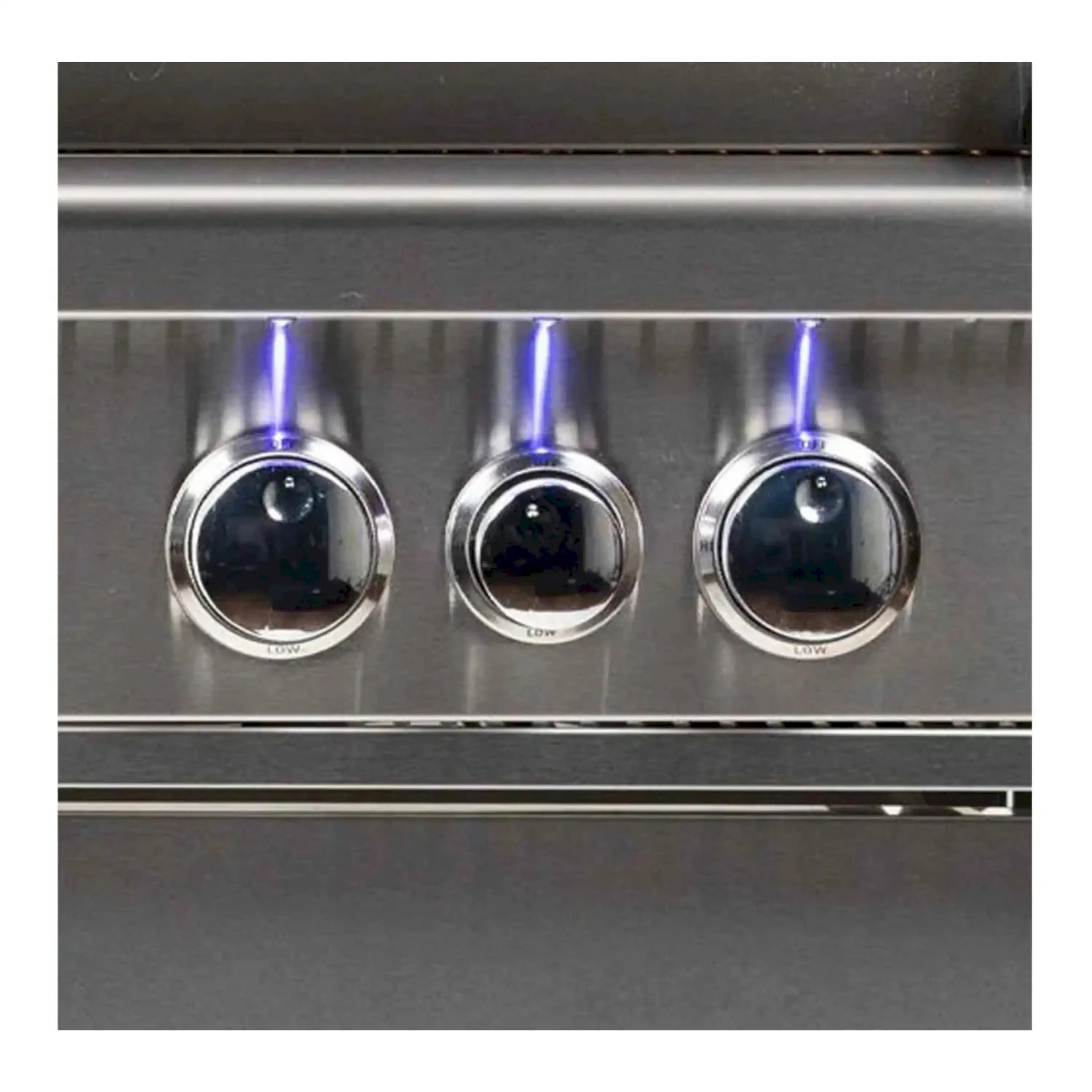 Stainless steel propane gas grill with three control knobs and blue burner flames