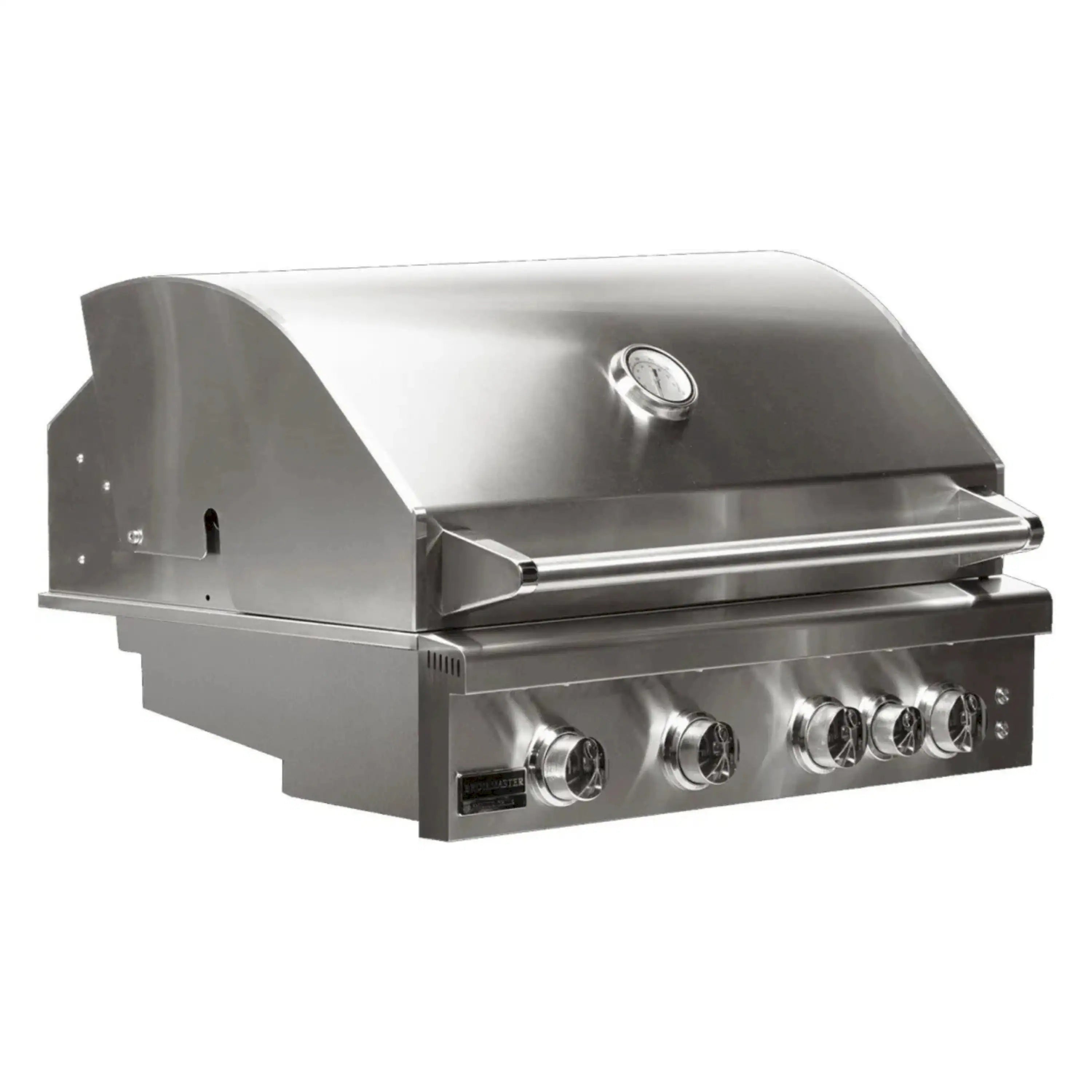 Stainless steel propane gas grill with lid, side handle, and control panel knobs