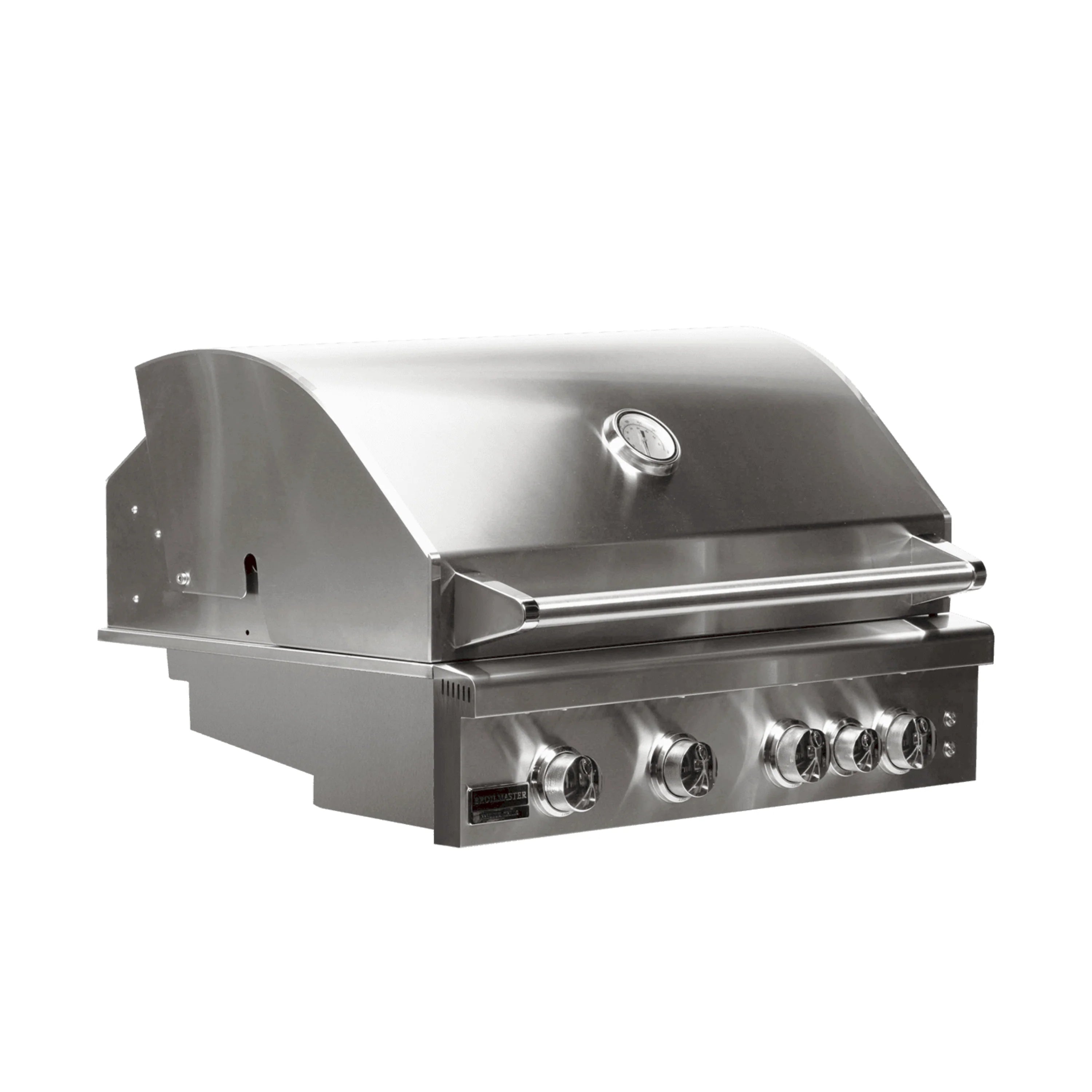 Stainless steel 4-burner natural gas grill with control knobs and rounded lid