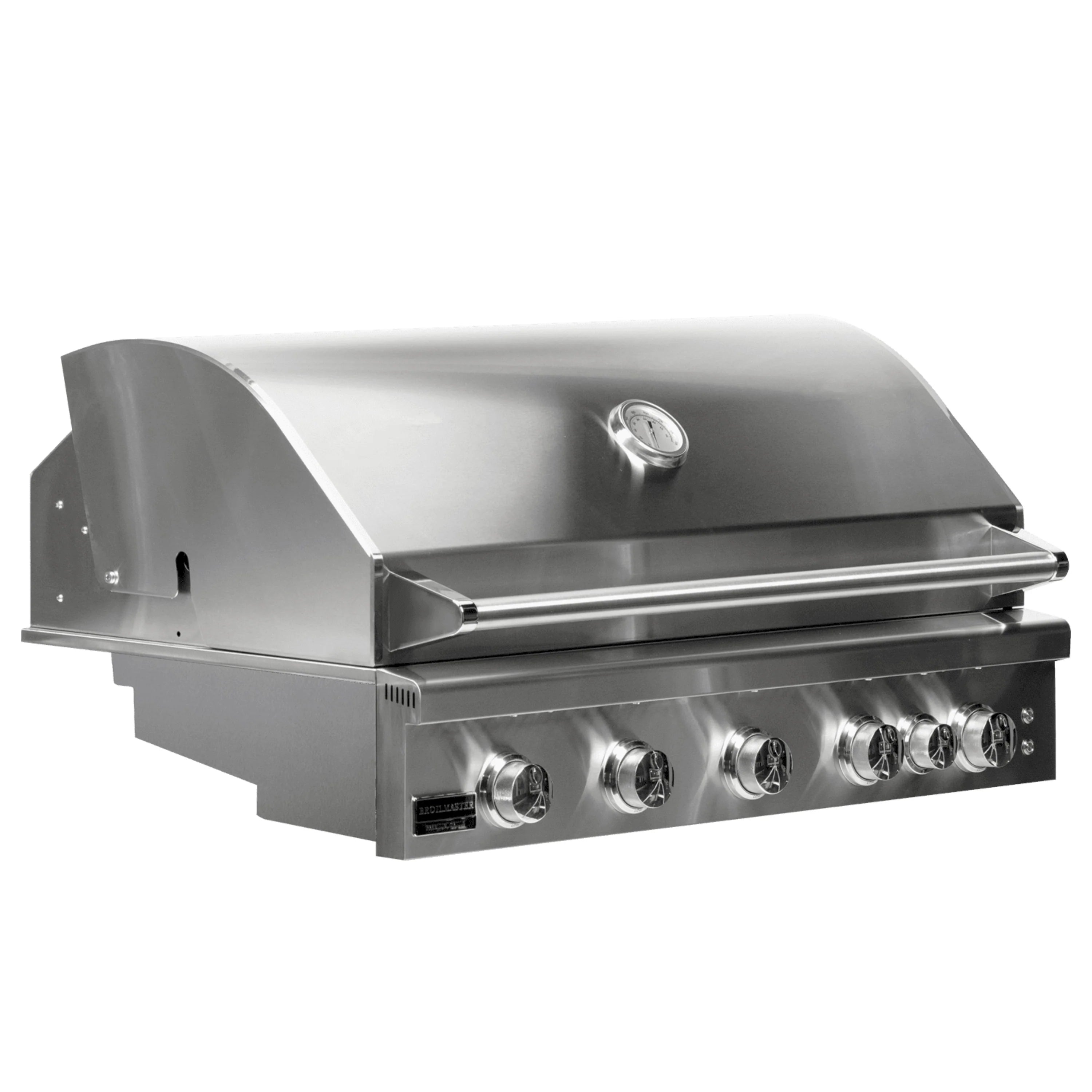 Stainless steel 5-burner propane grill with control knobs and side shelves