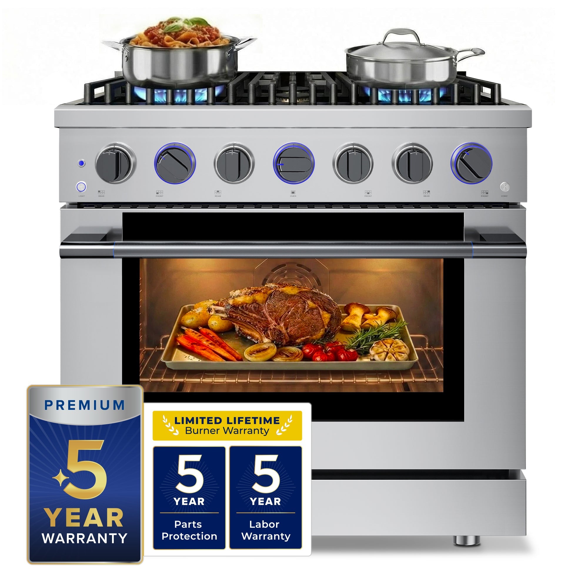 Stainless steel gas range with illuminated burners and open convection oven for roasting