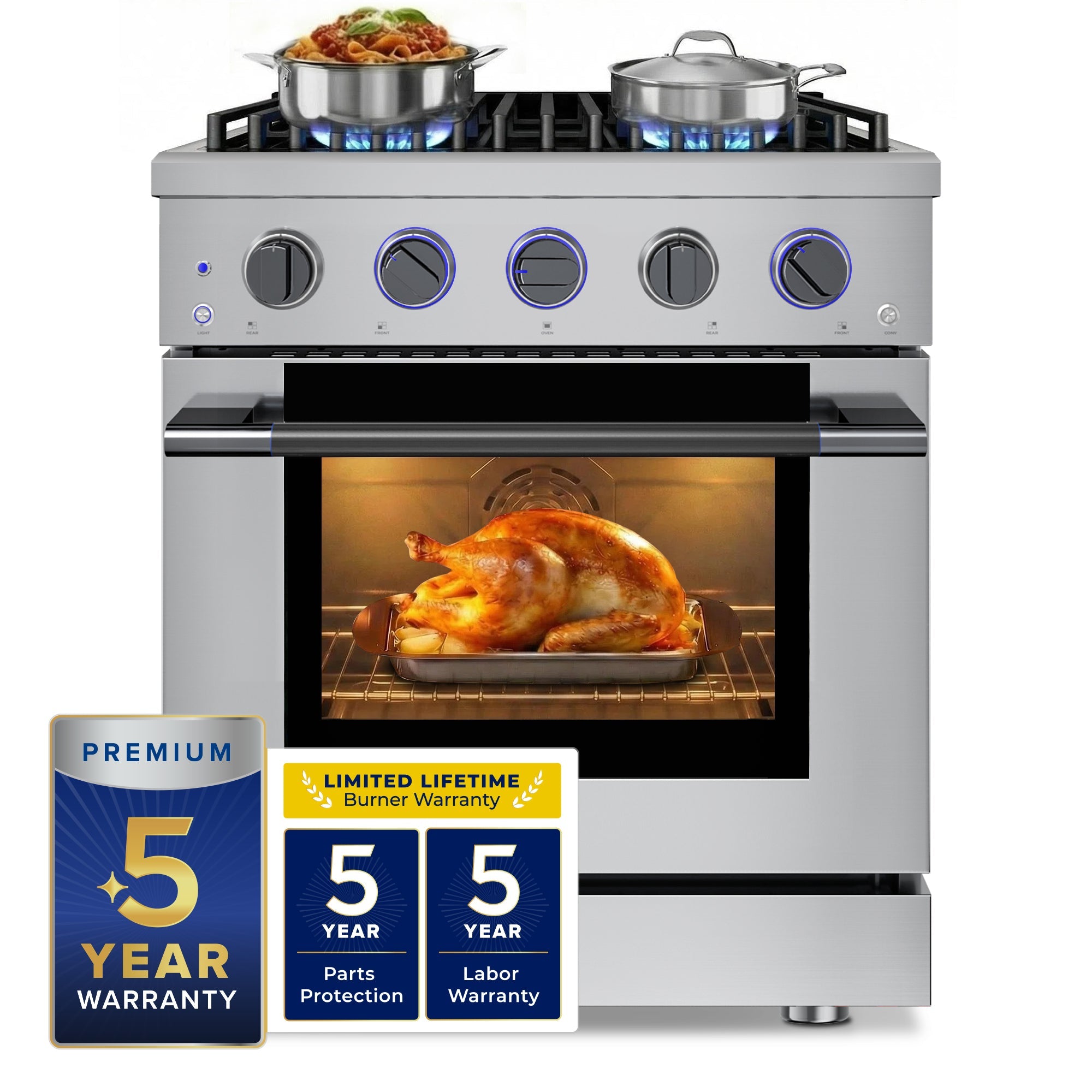 Stainless steel 30-inch range featuring four burner knobs and an illuminated convection oven