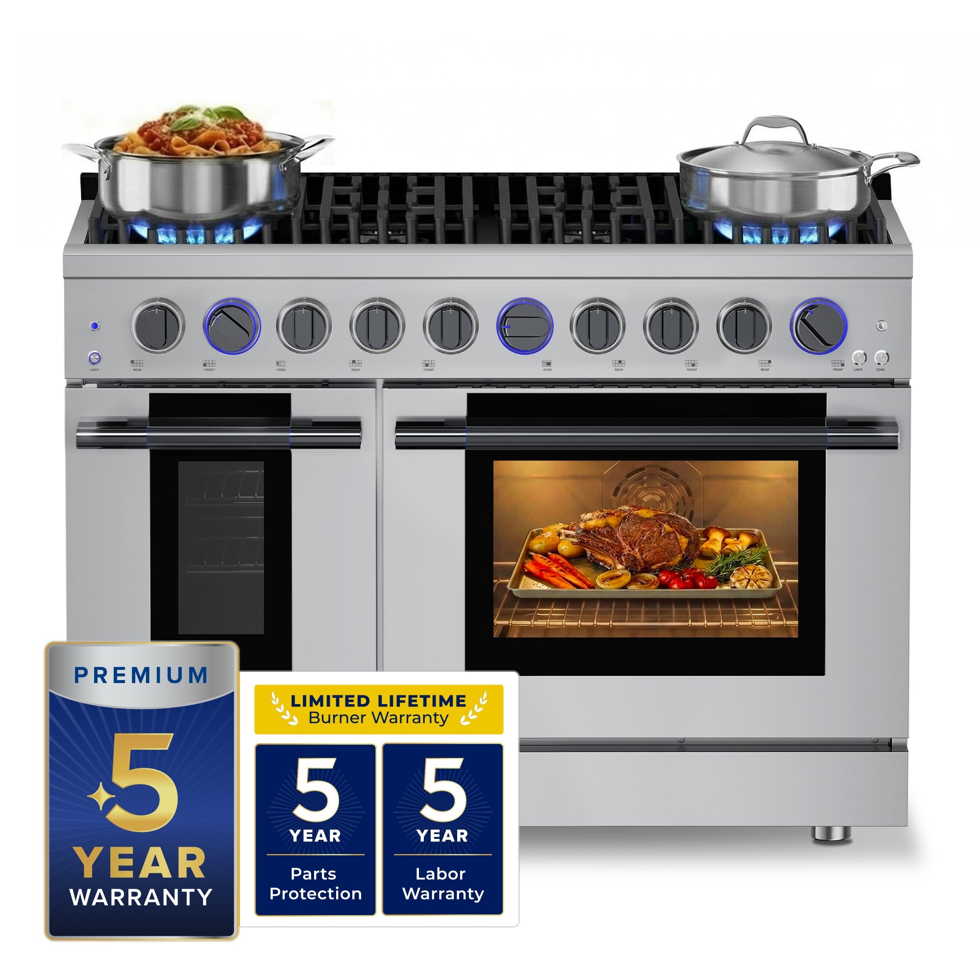 Hauslane HausPro Series 48-Inch Gas or Dual Fuel Range with 8 Burners and Convection Oven in Stainless Steel