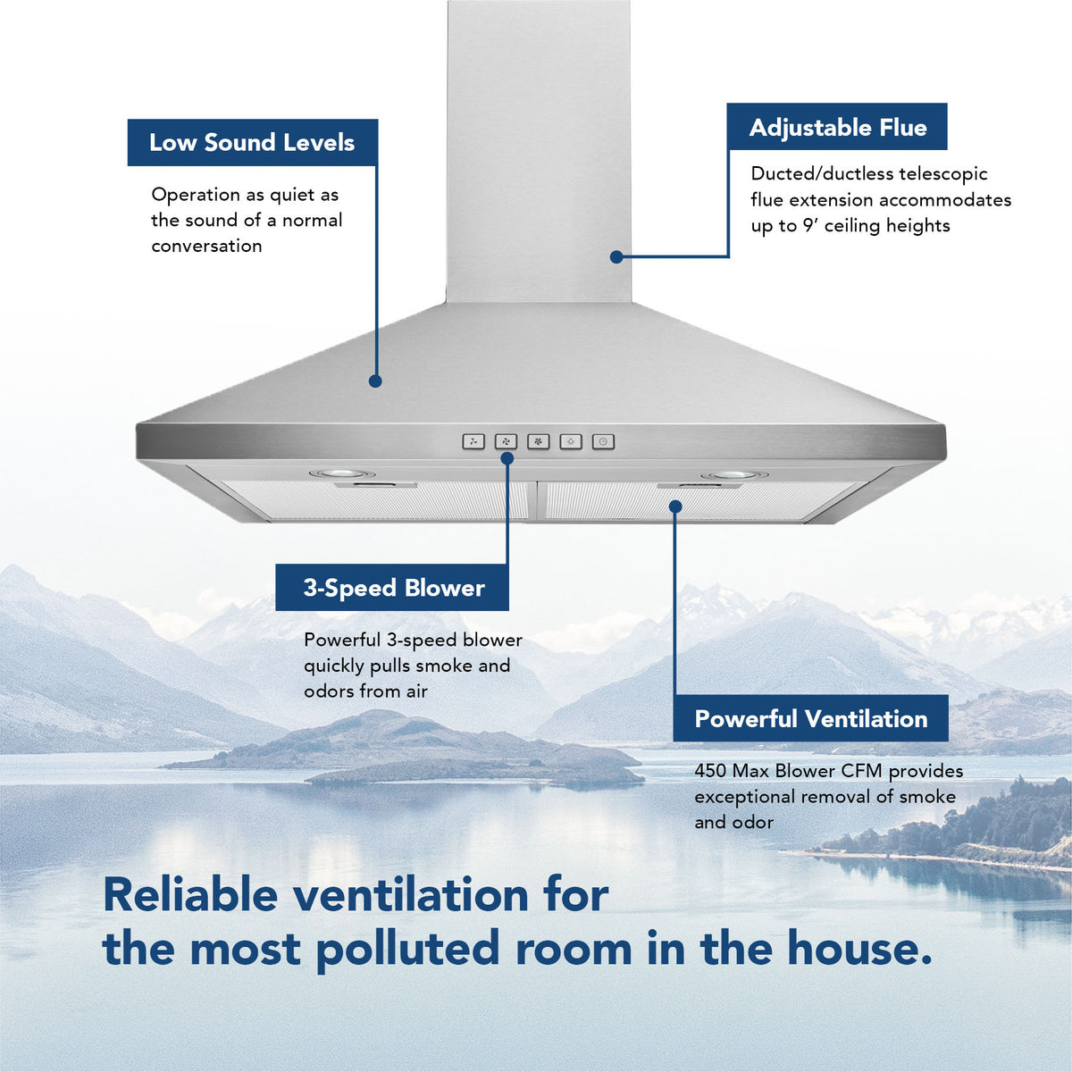 Broan-NuTone 36-Inch 450 CFM Convertible Pyramidal Wall Mount Chimney Range Hood in Stainless Steel (BWP1364SS)
