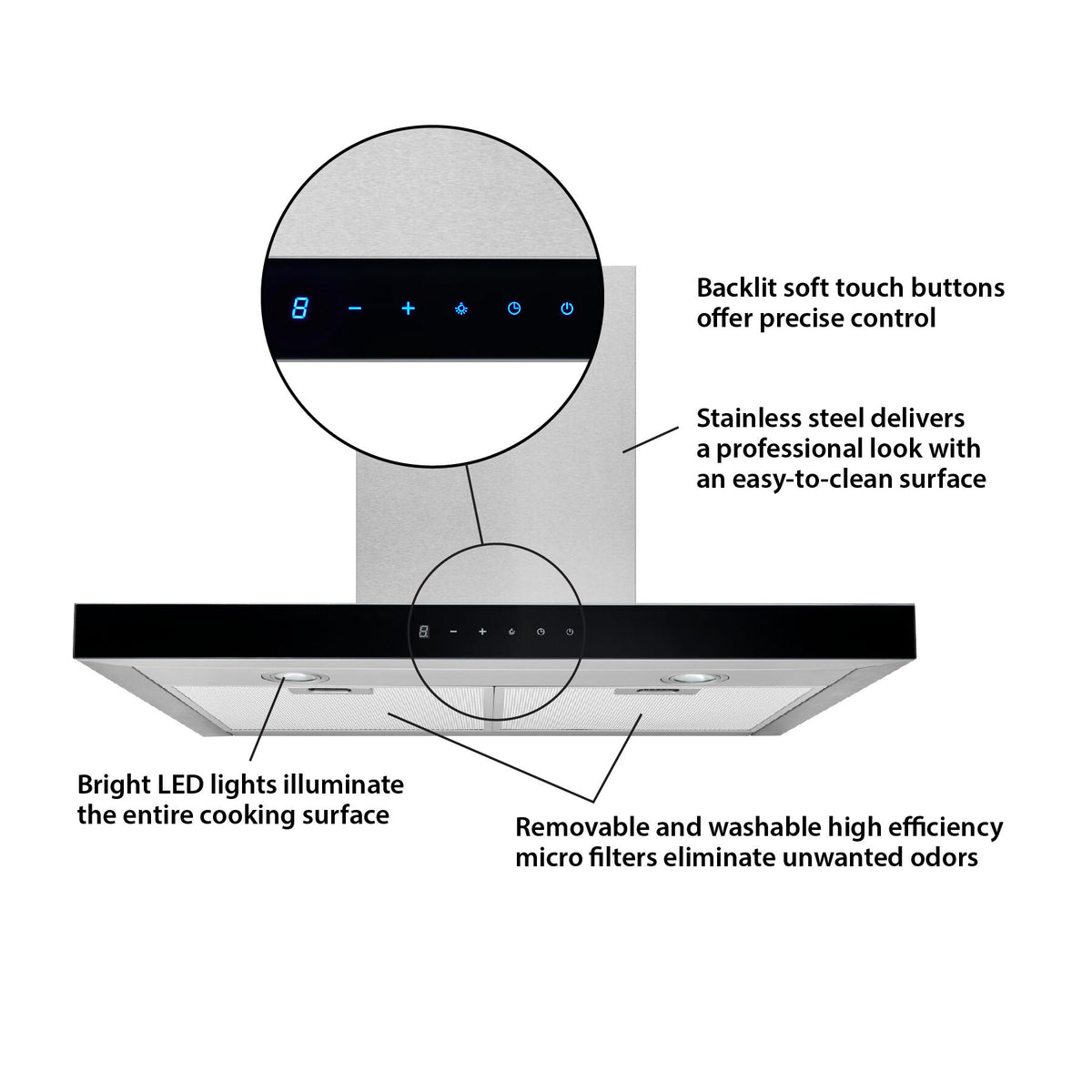 Broan-NuTone 30-Inch 450 CFM Convertible T-Style Wall Mount Chimney Range Hood in Stainless Steel with Black Glass (BWT1304SSB)