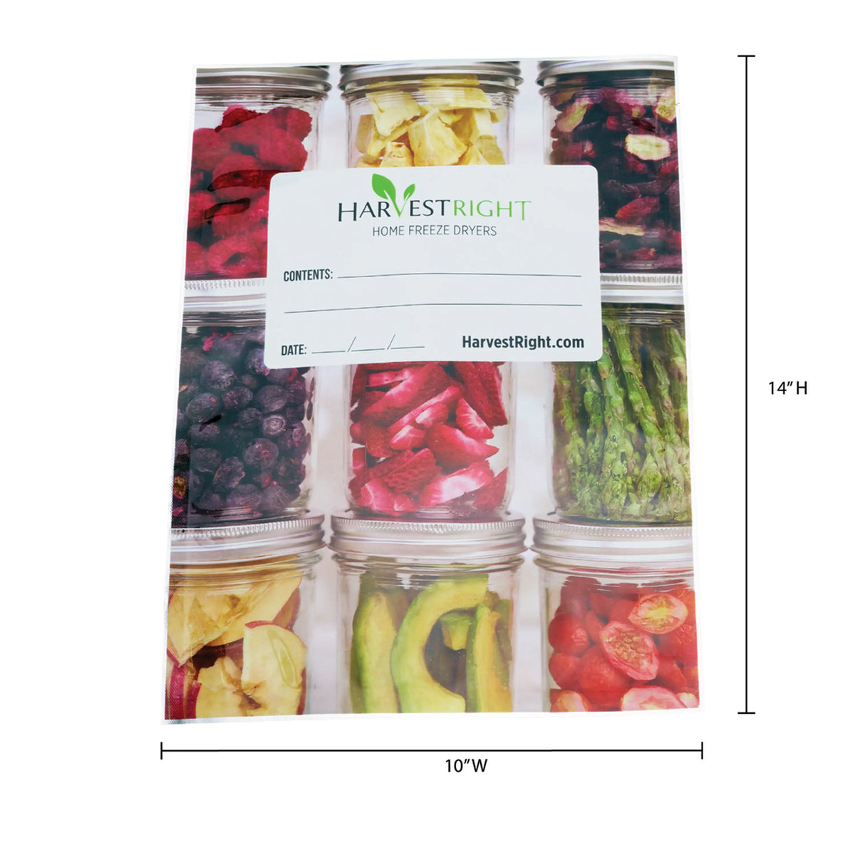 10x14-inch mylar food storage bag front view, sized 10"W by 14"H