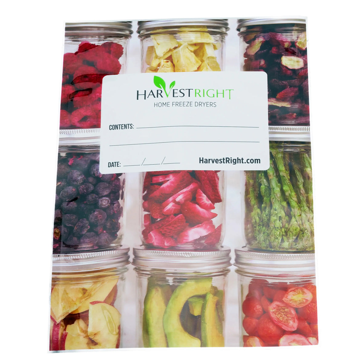 10x14-inch mylar food storage bags, transparent packs with printed HarvestRight label