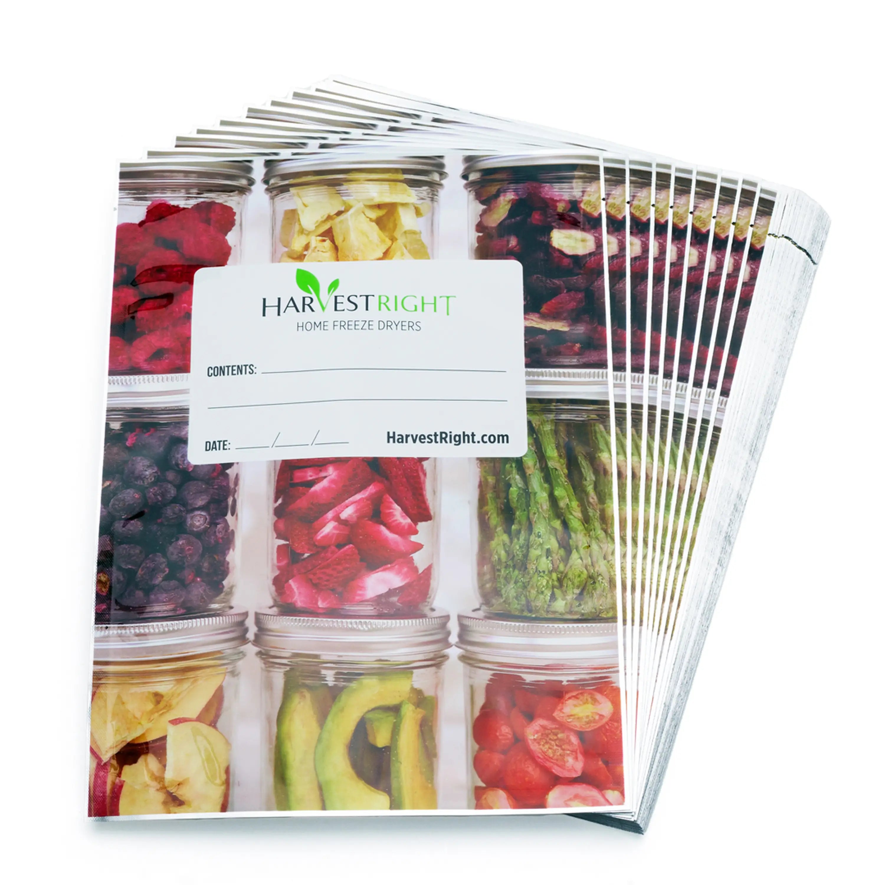 Stack of 10x14-inch mylar food storage bags with printed HarvestRight labels