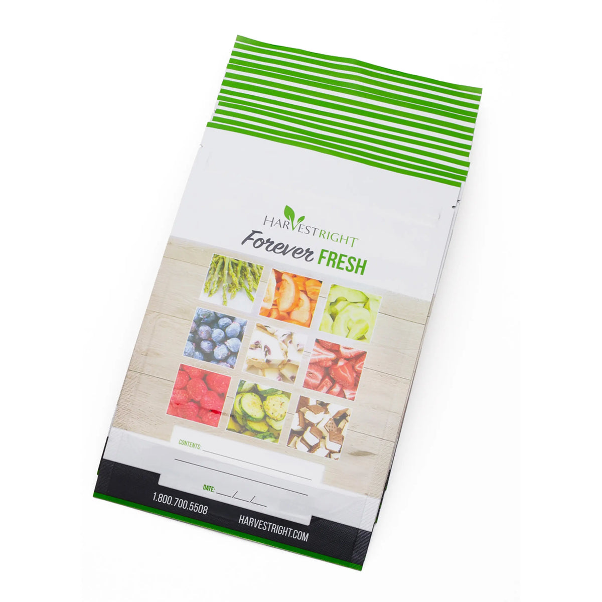Harvest Right resealable 6x9.75-inch mylar bag, white with green stripes and Forever Fresh design