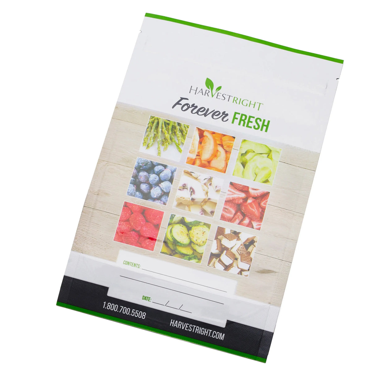 Harvest Right resealable 6x9.75-inch mylar bag, white with green border and Forever Fresh panel