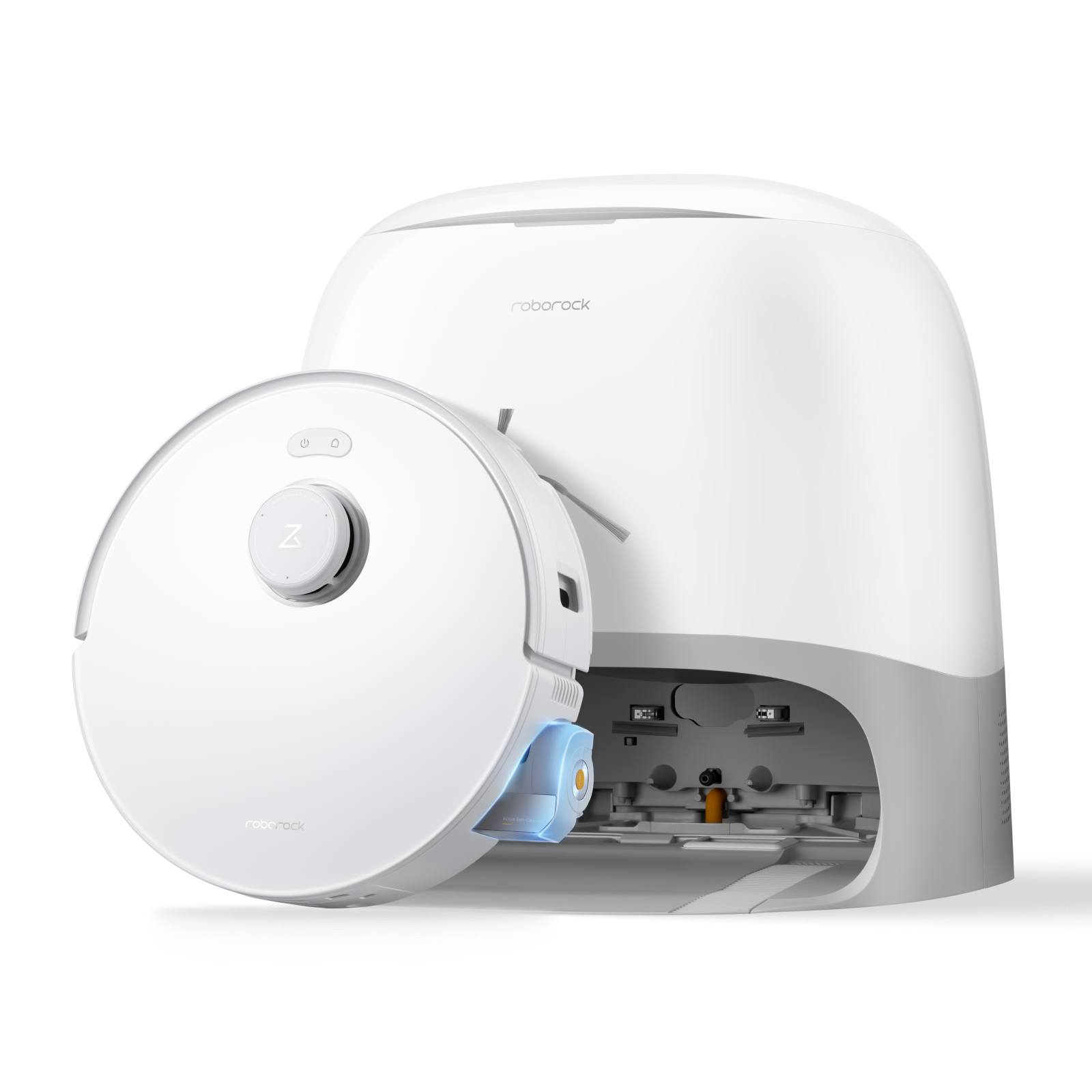 White Roborock robot vacuum with open multifunction dock bay and mopping roller