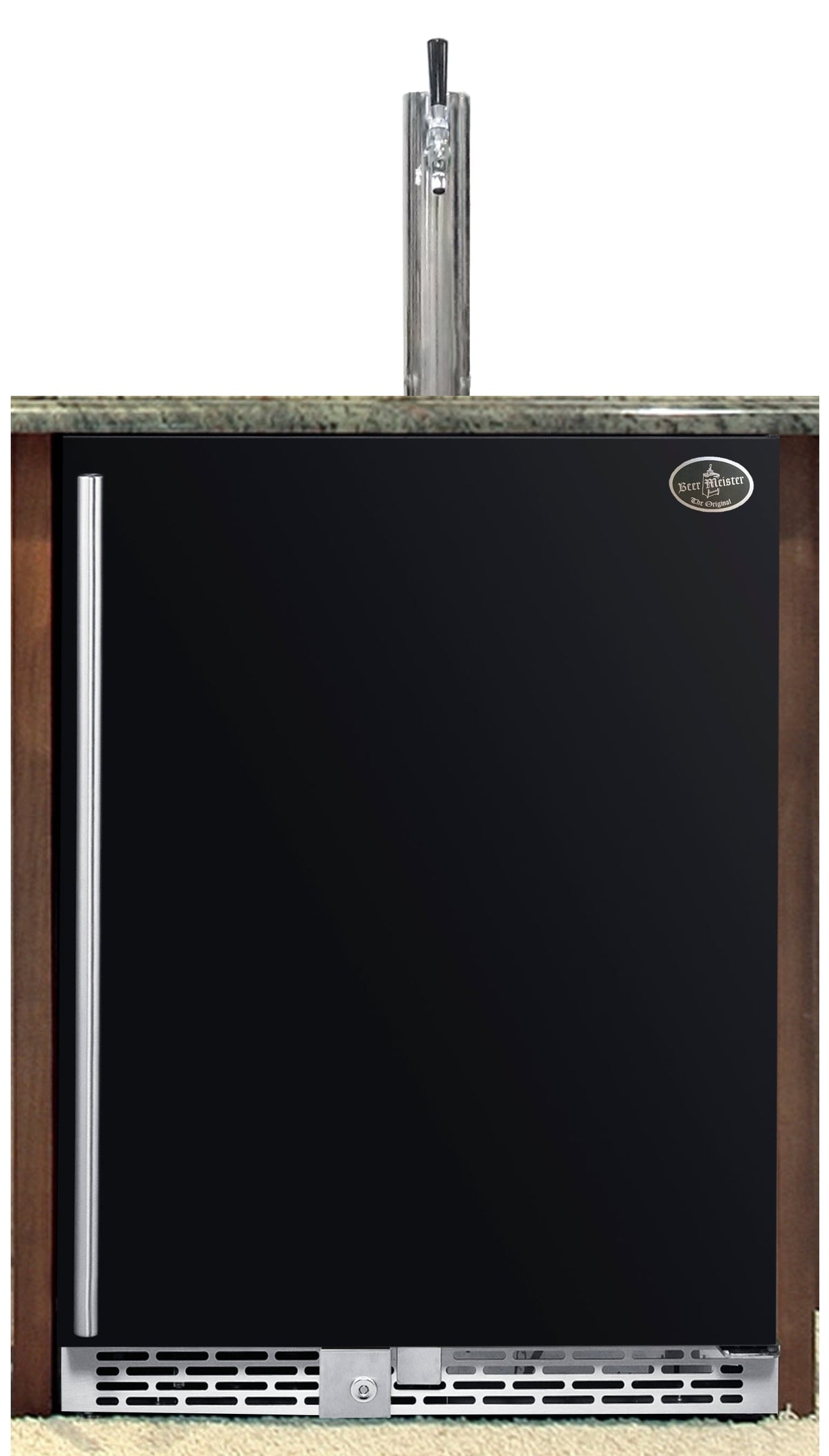 Black beer refrigerator single-tower unit with stainless trim and side handle