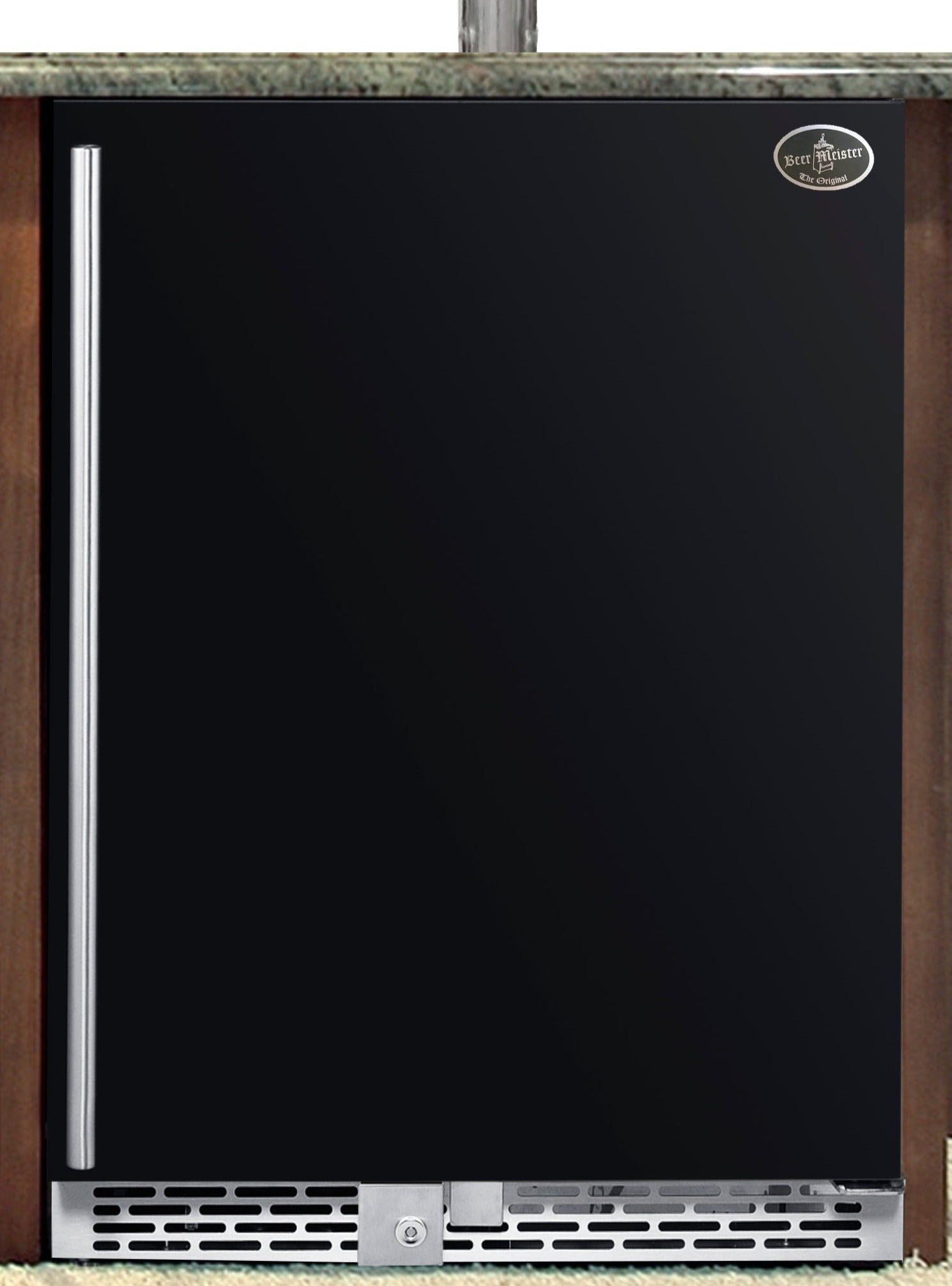 Black built-in kegerator refrigerator door with slim handle and vented grille at bottom