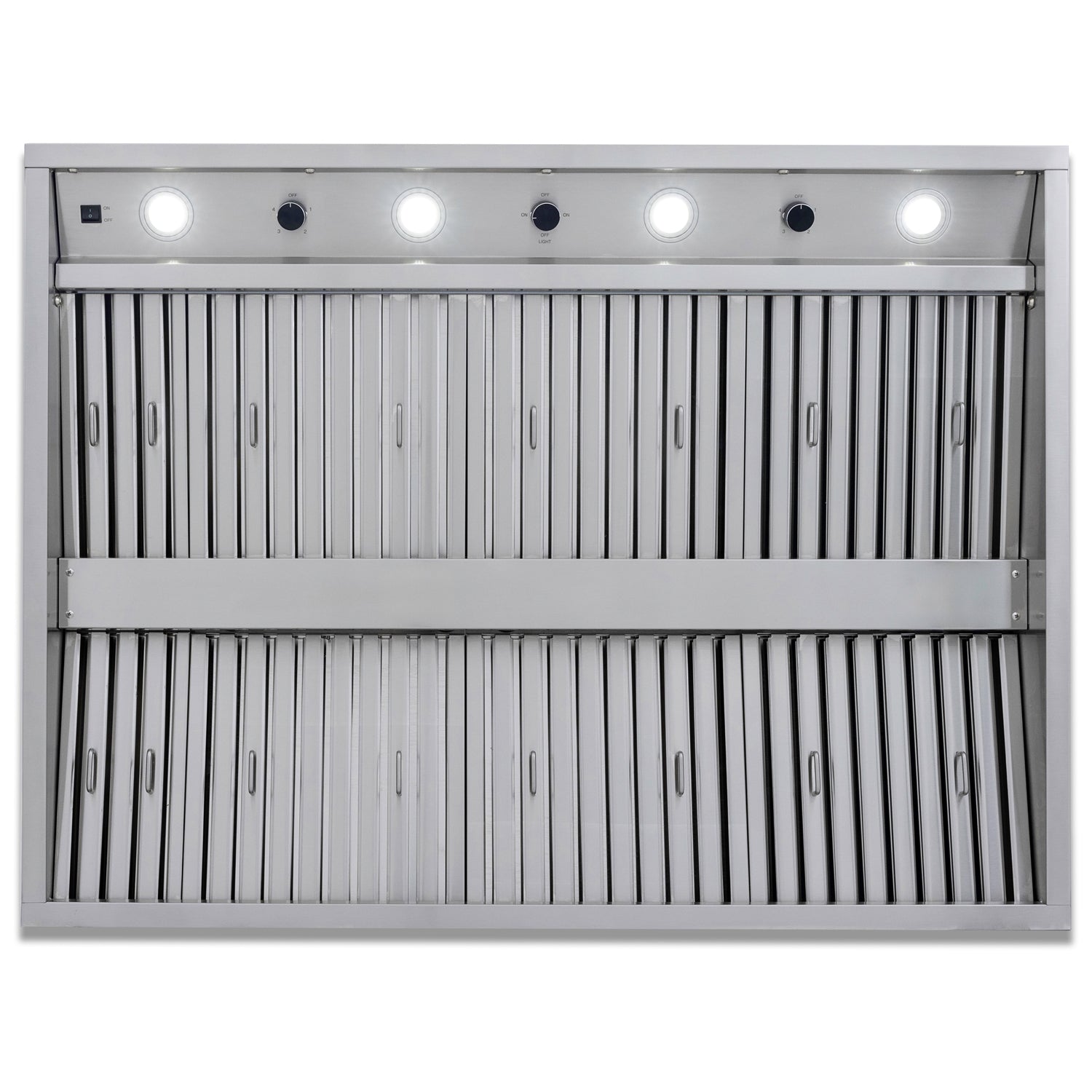 Outdoor vent hood front panel with LED lights, control knobs, and vertical grille