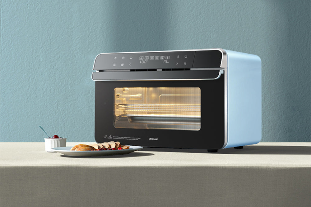 Light-blue ROBAM combi steam oven with front window and lit cooking chamber