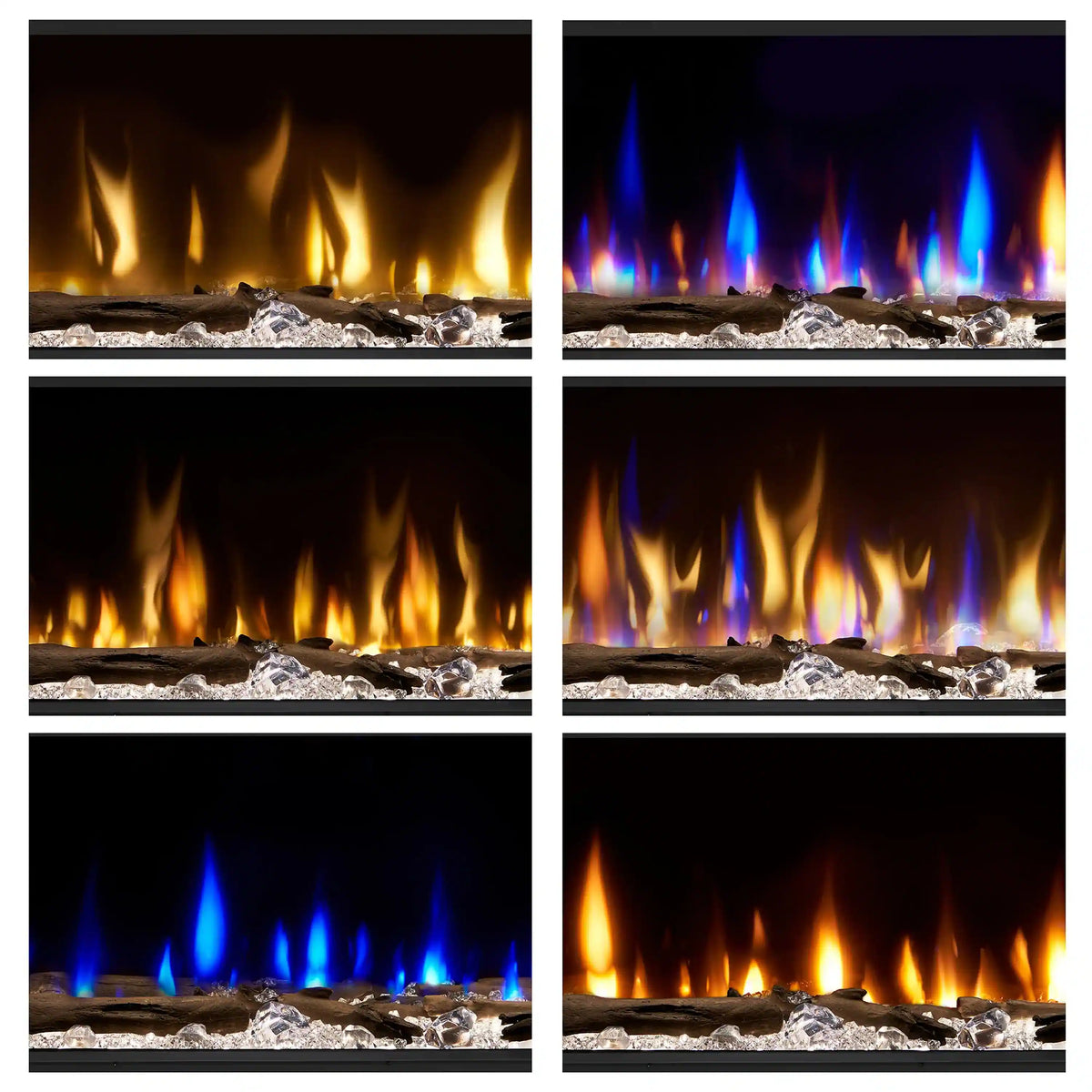 Linear electric fireplace flame color effects with glowing log and crystal bed