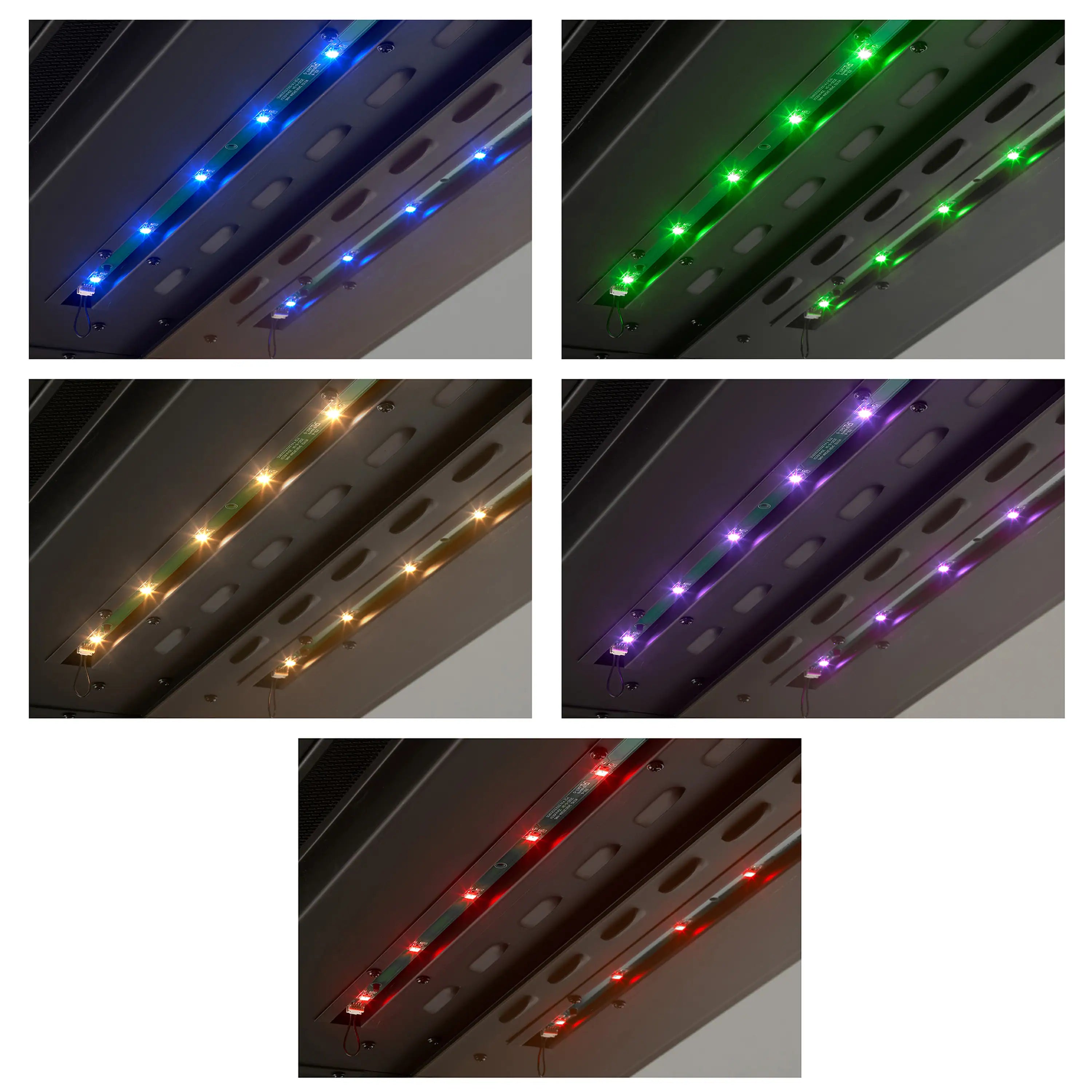 Interior LED light strips with blue, green, amber, and purple accents