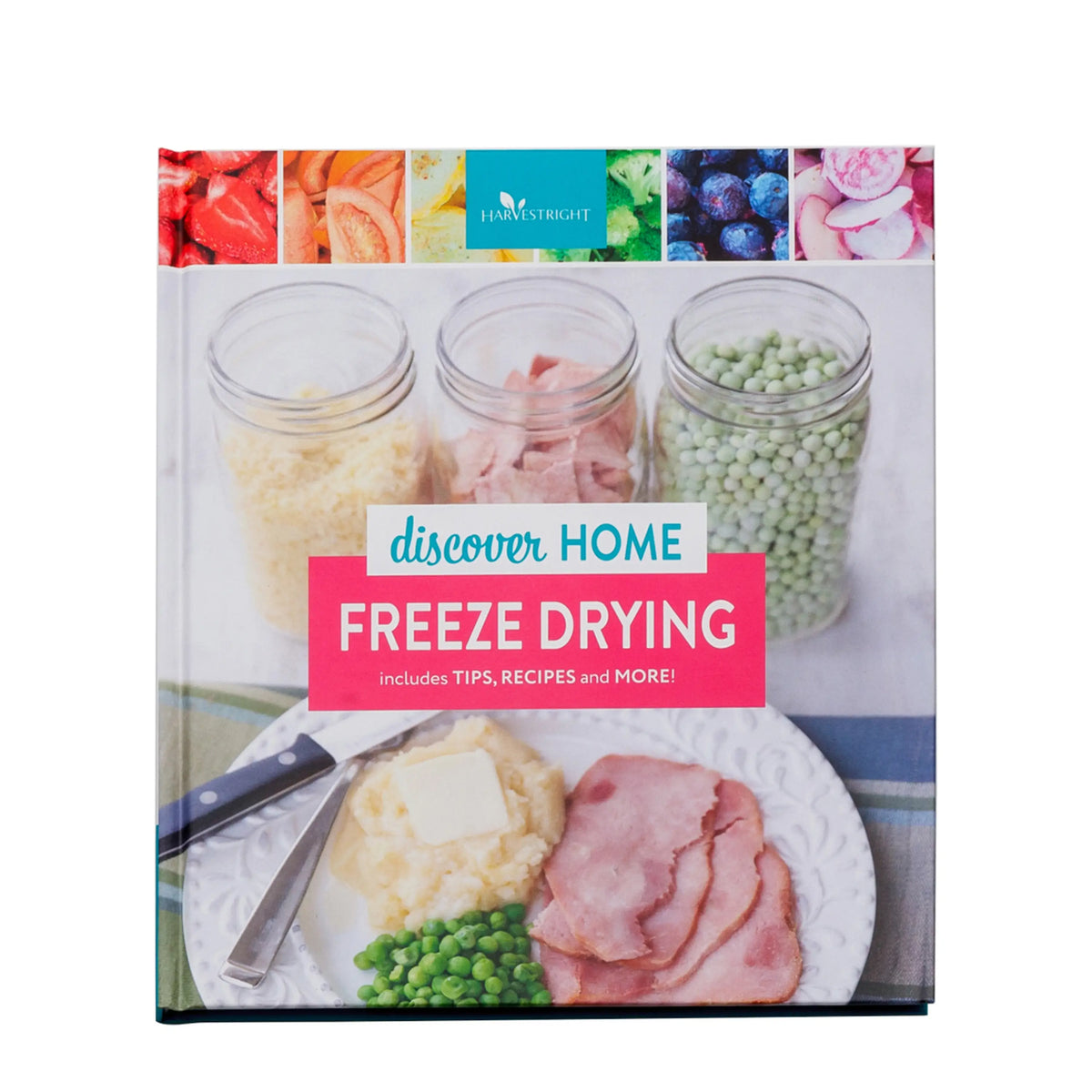 Freeze drying recipe book front cover with jars and a plate of dried food