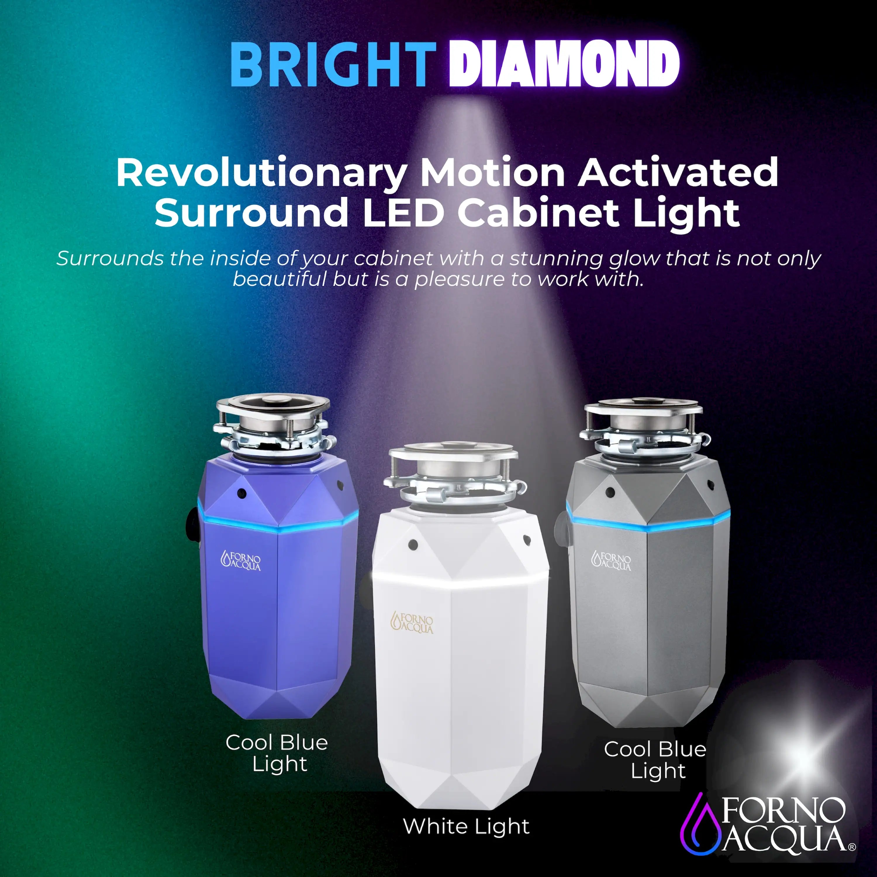 Garbage disposal set with motion-activated cabinet LED light glow in blue and white