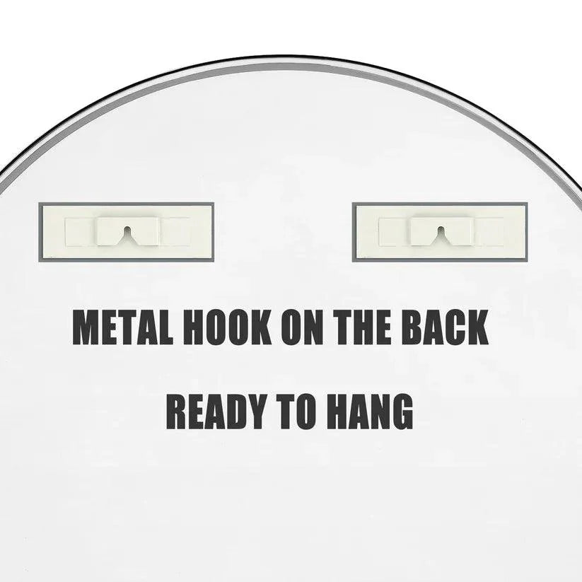 Round mirror backing with metal hooks for hanging, shown from the rear.