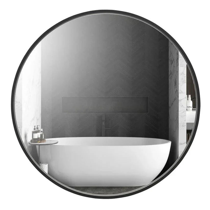 Round black aluminum framed wall mirror with dark reflective glass