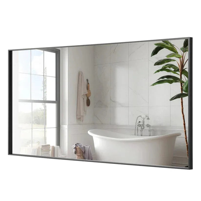 Black framed rectangular wall mirror with reflective glass for bathroom wall