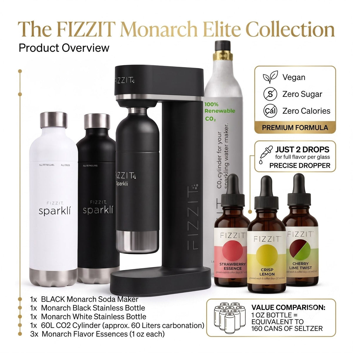 Fizzit Monarch Elite Sparkling Water Maker Bundle with 2 Stainless Steel Bottles, 60L CO2 Cylinder and 3 Flavor Drops