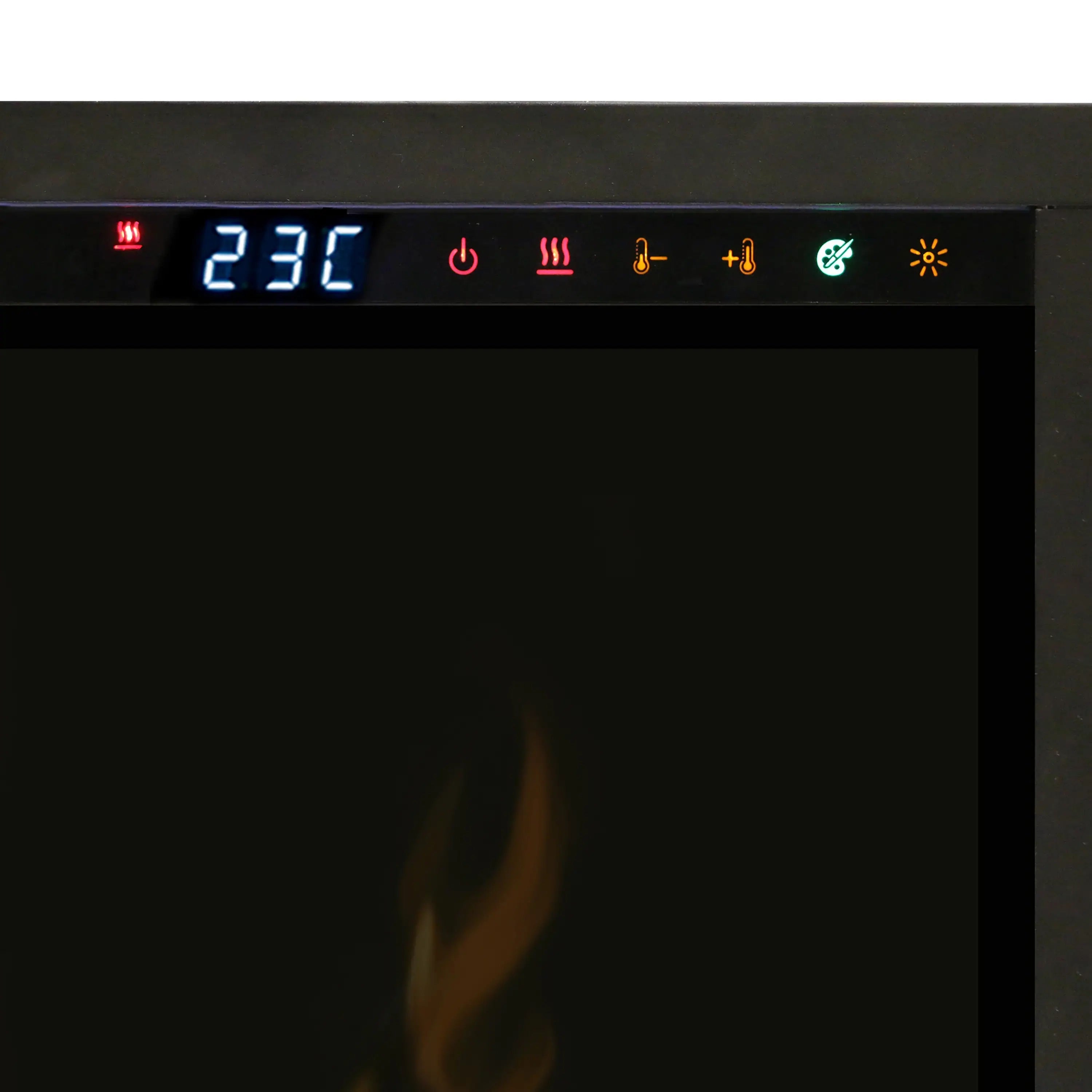 Dimplex IgniteXL fireplace control panel with red temperature display and icons