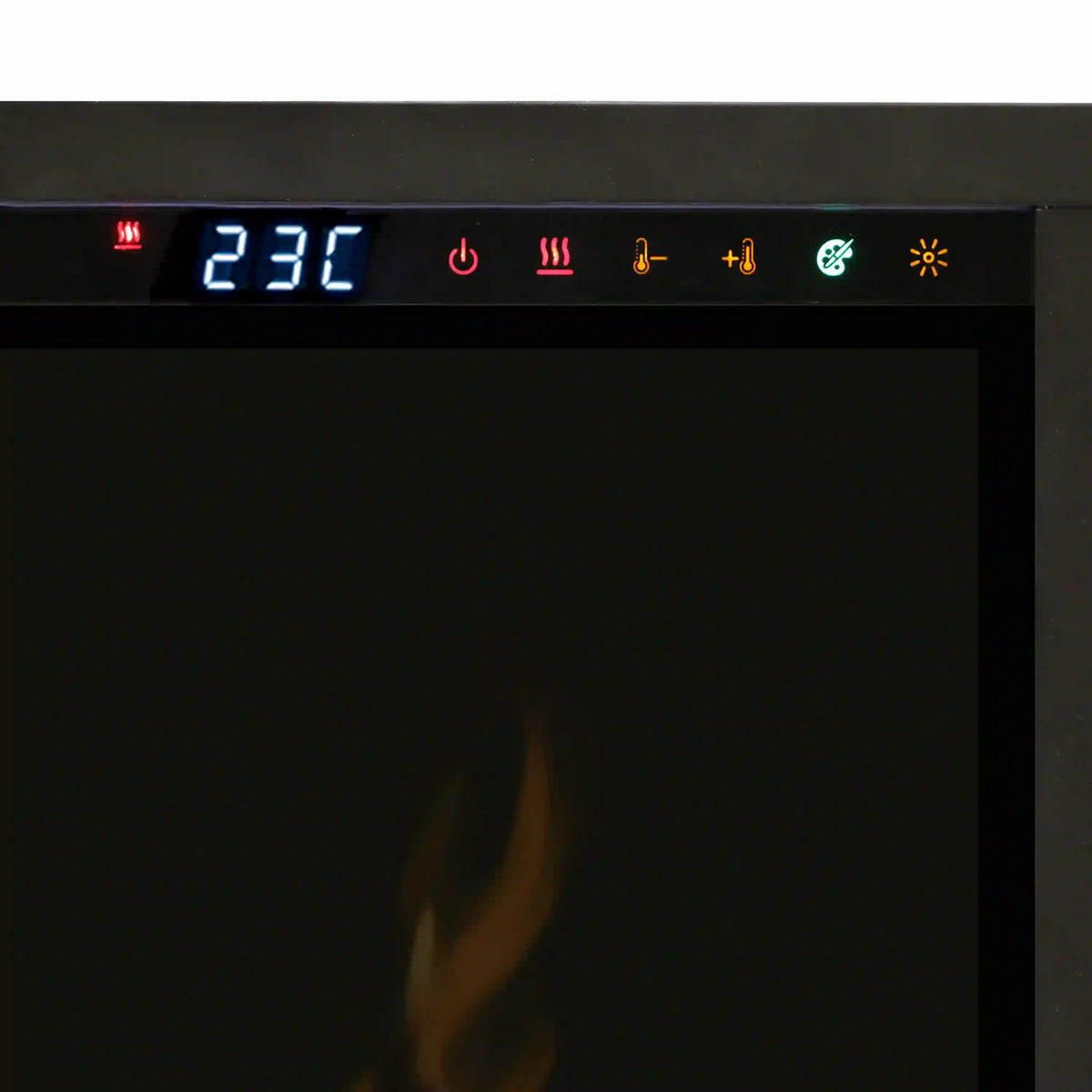 Electric fireplace control panel showing 238 and flame and fan icons