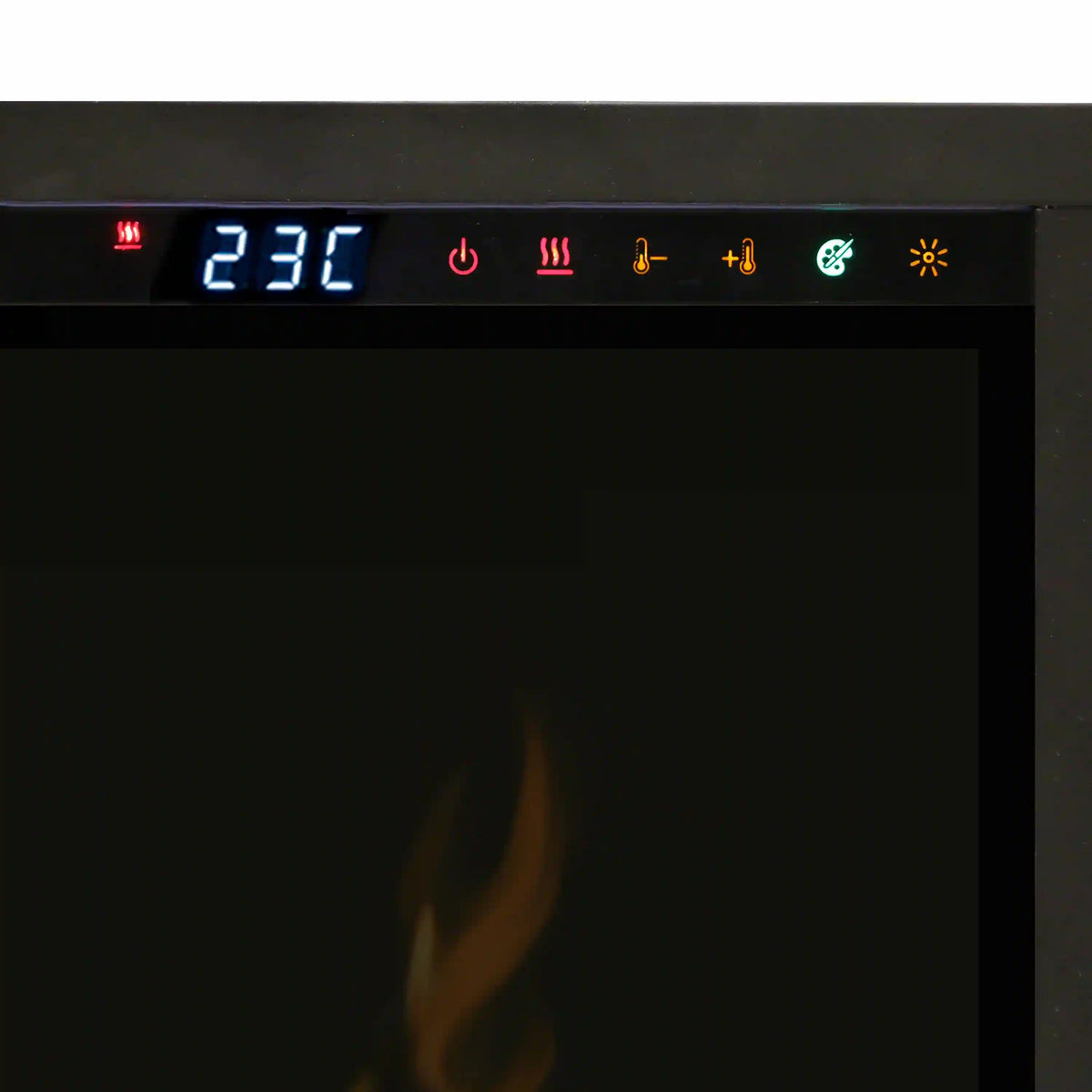Electric fireplace control panel with digital 236F display and temperature icons