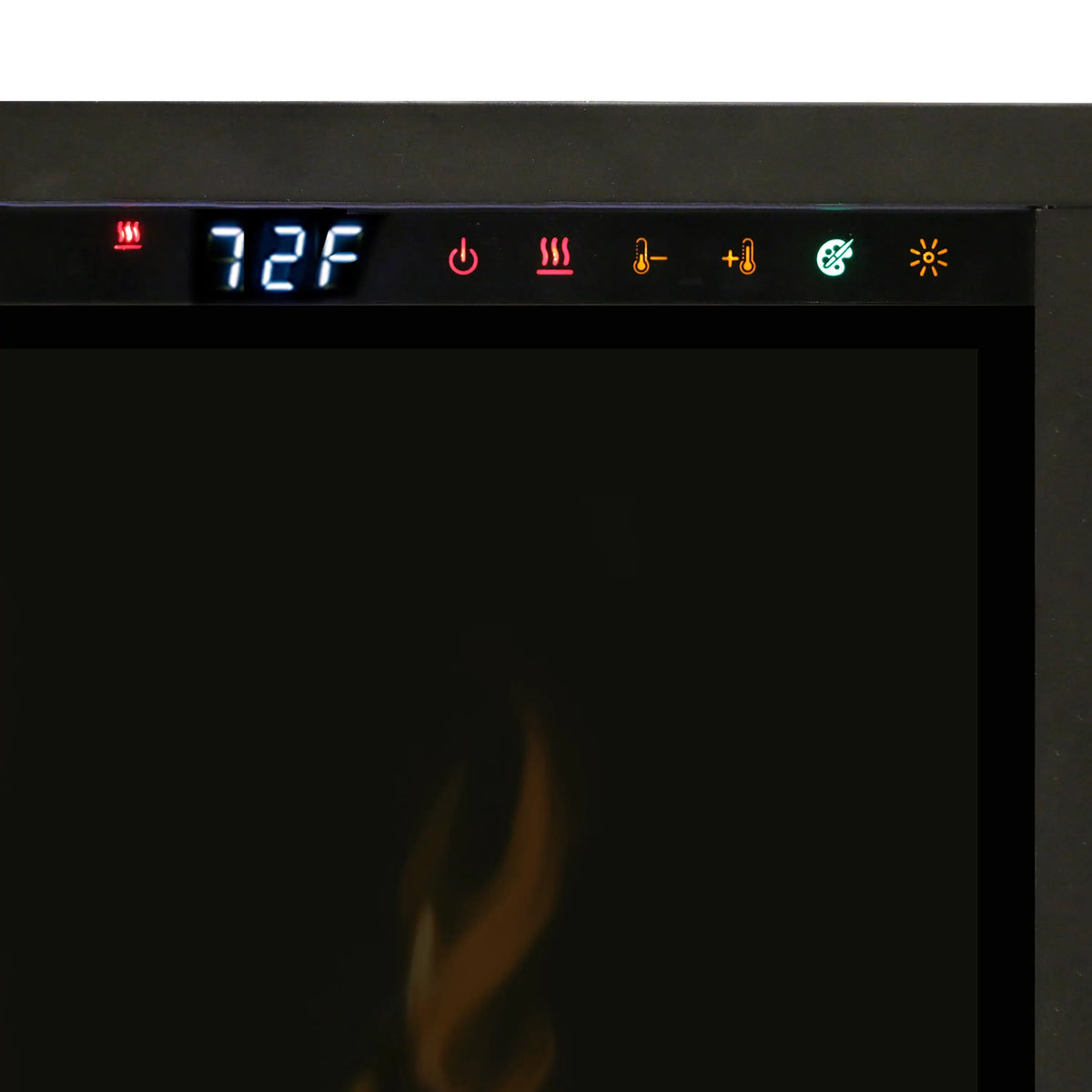 Dimplex IgniteXL fireplace control panel with blue temperature display and icons