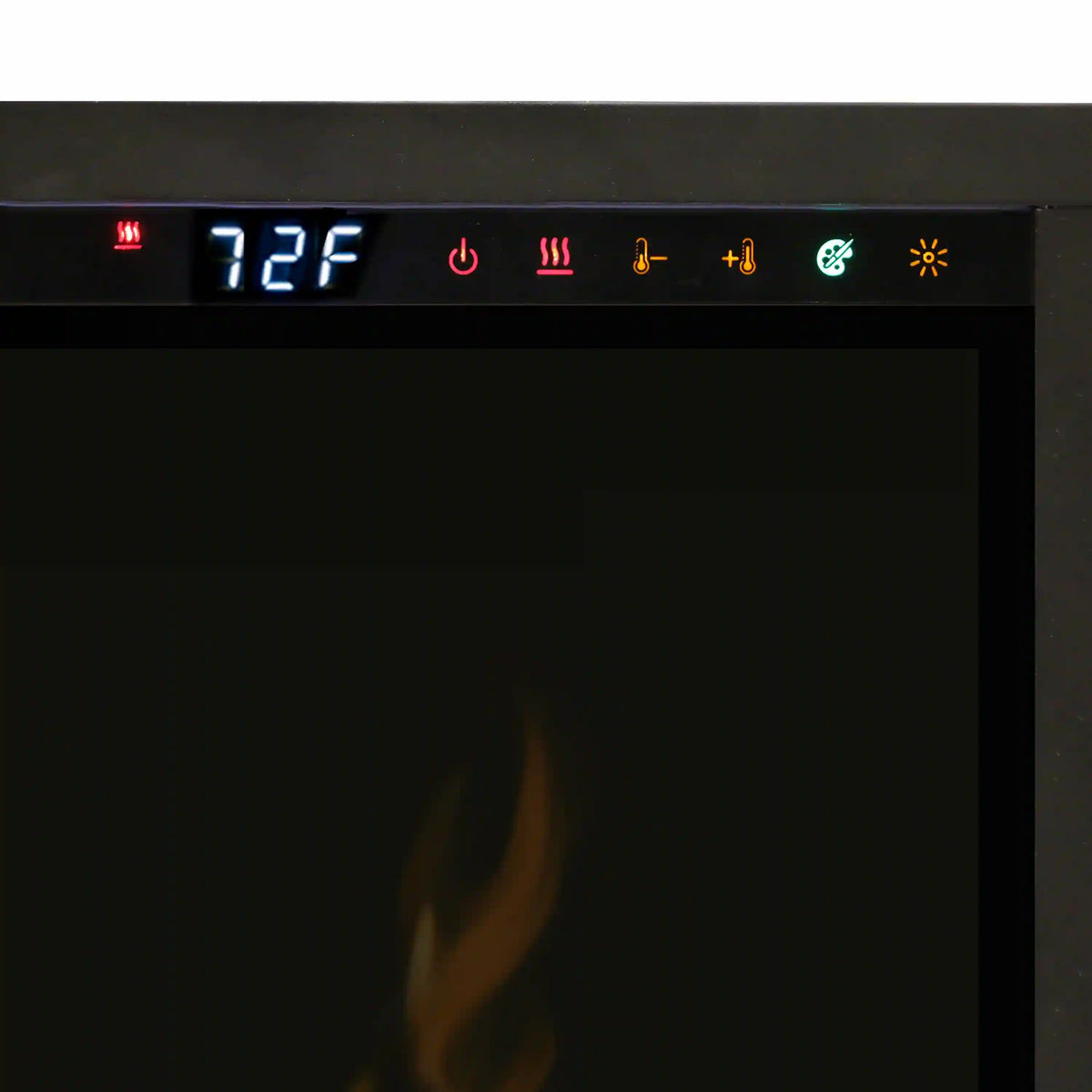 Electric fireplace control panel with digital 72F display and icons