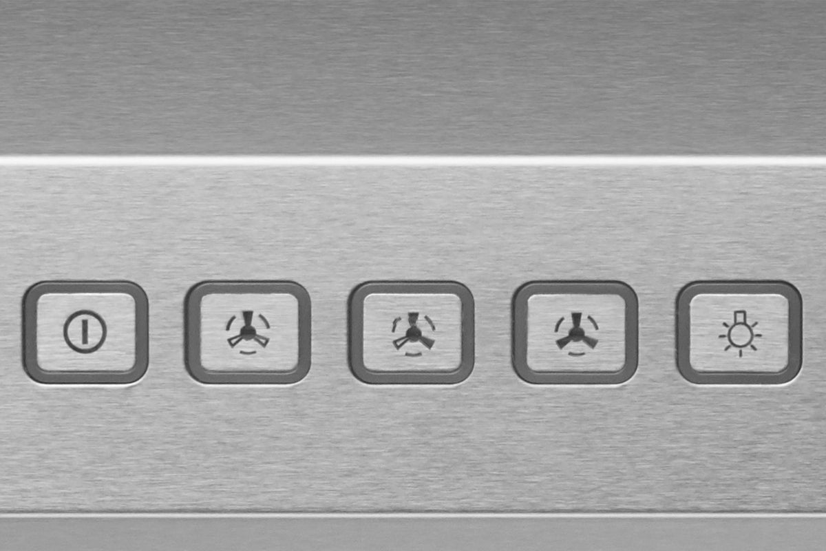 Stainless steel range hood control panel with five illuminated button icons