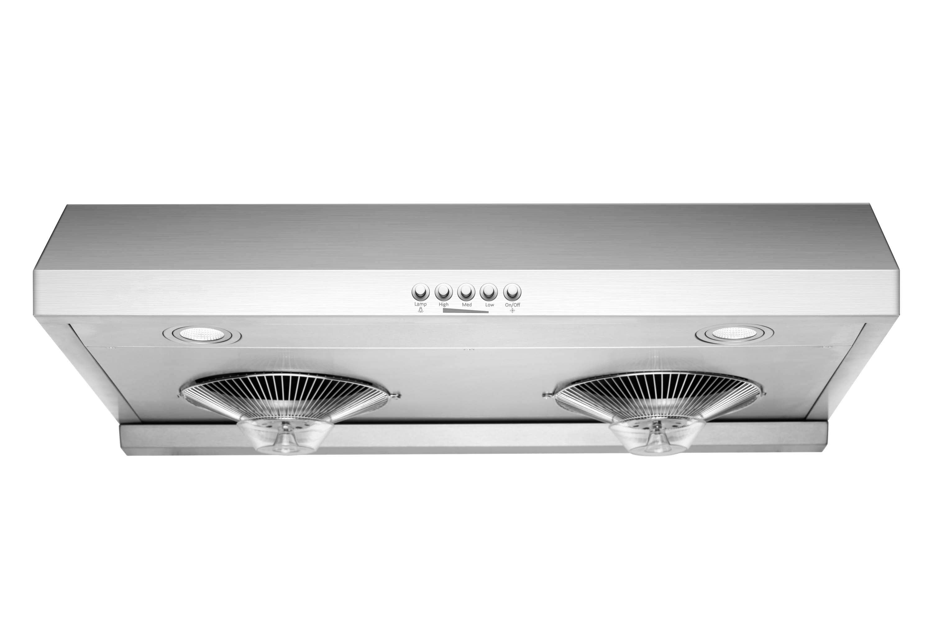 Stainless steel under-cabinet range hood with two fan vents and push button controls