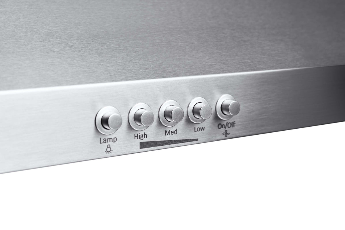 Stainless steel range hood control panel with lamp and fan speed button row